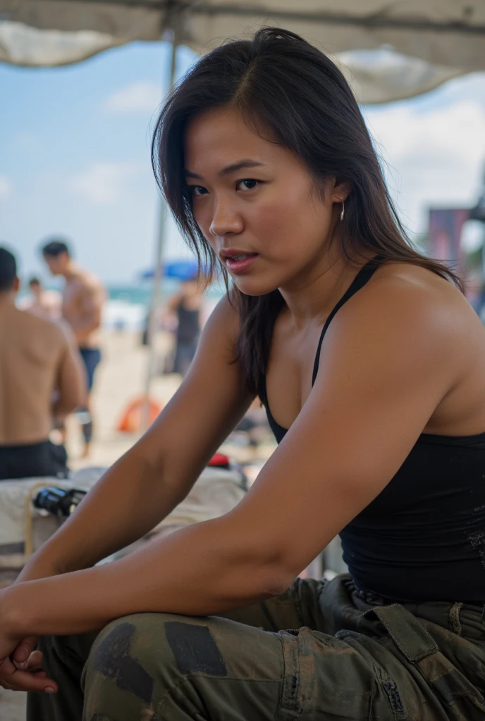an indonesian young women, (face facing upwards, bitting lower lip). wearing neon green [uniform name]. black choker belt. squat pose. captured from above super high angle. Alone. all around it was full of blue and yellow smoke
