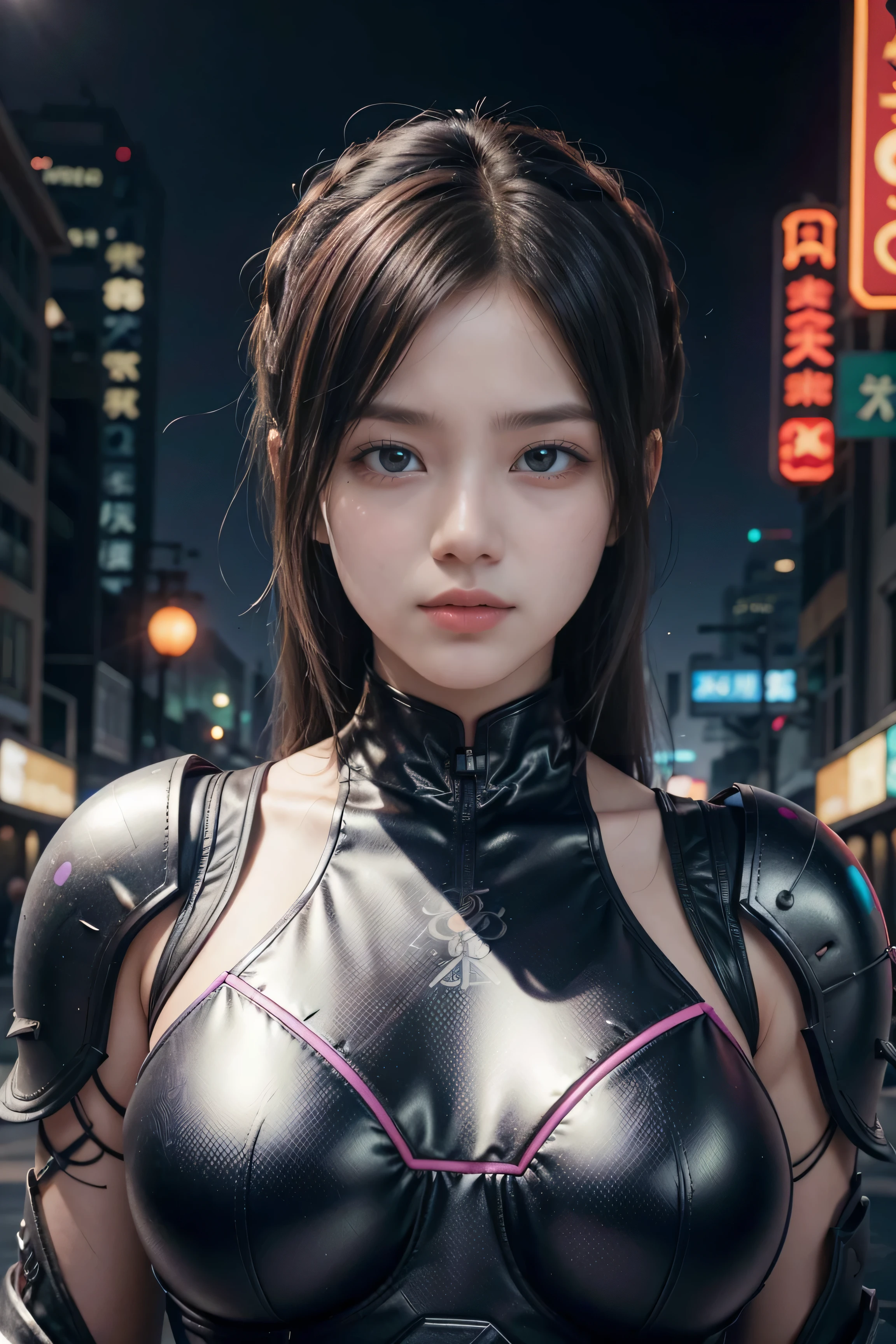 Game art,The best picture quality,Highest resolution,8k,((A bust photograph)),((Portrait)),(Rule of thirds),Unreal Engine 5 rendering works, (The Girl of the Future),(Female Warrior), 22-year-old girl,(Female hackers),(Ancient Oriental hairstyle),(A beautiful eye full of detail),(Big breasts),(Eye shadow),Elegant and charming,indifferent,((Frown)),(Future style silk combat suit combined with the characteristics of Chinese cheongsam,Joint mech steel Armor,There are exquisite Chinese patterns on the clothes,A flash of jewellery), cyberpunk characters ,Future Style, Photo poses, city background ,Movie lights,Ray tracing,Game CG,((3D Unreal Engine)),oc rendering reflection texture, purple pink colour hair at near end of hairs