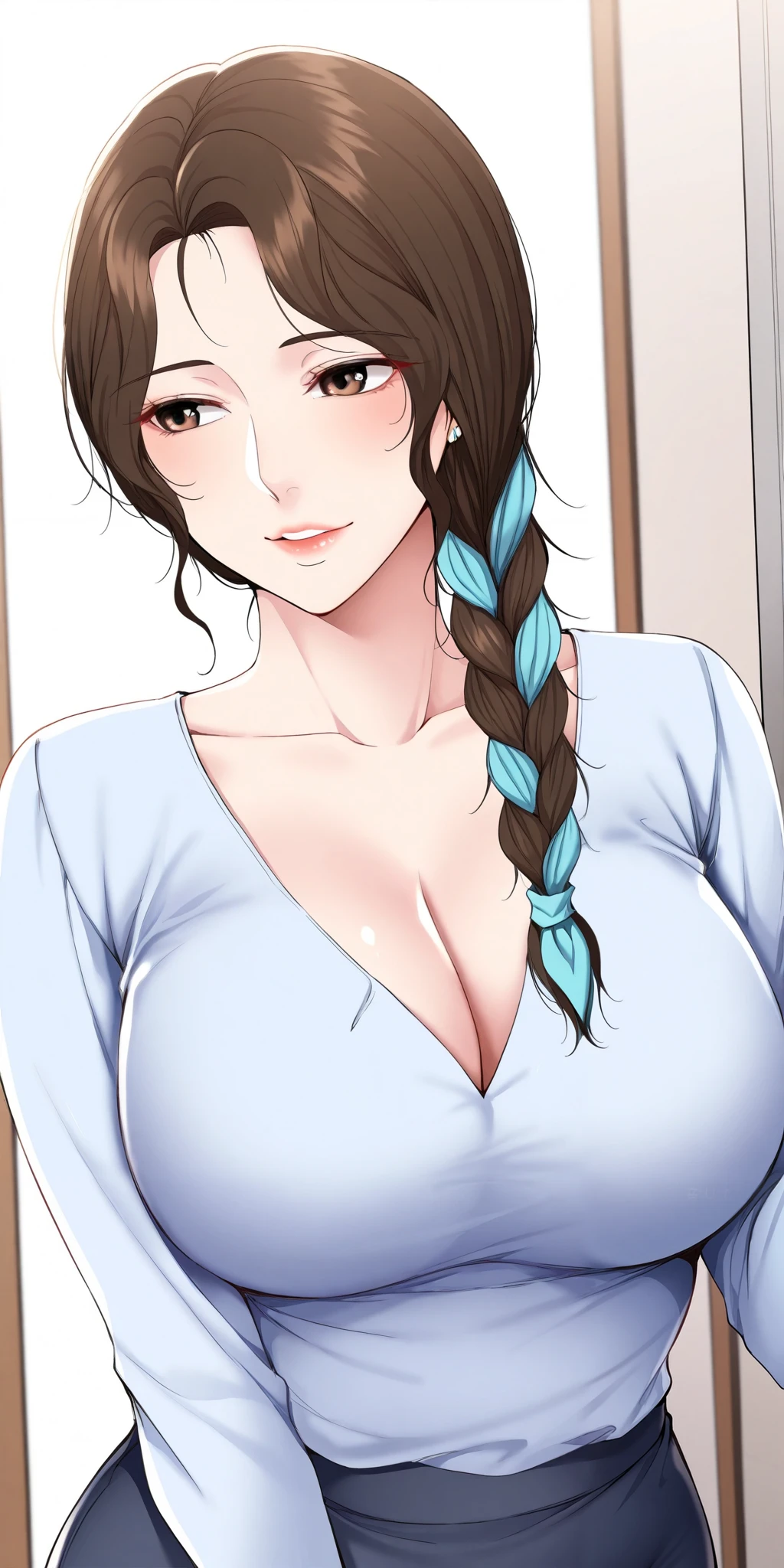 masterpiece, mature female, housewife, 1girl, solo, mature female, cho_mi-kyung, single hair braid with blue scarf, hair over shoulder, beautiful brown hair, long sleeve shirt, milf, cleavage, soft light, high detailed, best quality, upper body