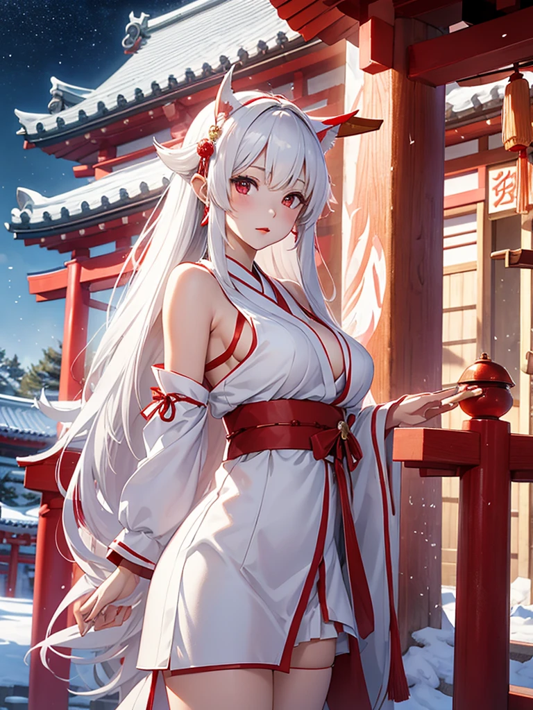 a beautiful girl, Beautiful face, Beautiful body, Plump, ((shrine maiden)), Priestess clothing, white hair, gloves, long hair, bangs, blunt bangs, hair decoration, full body visible, Japanese Shrine, torii gate, Lamp , wide angle, Moonlight, 8k, accurate, anatomically correct, textured skin, high detail, best quality