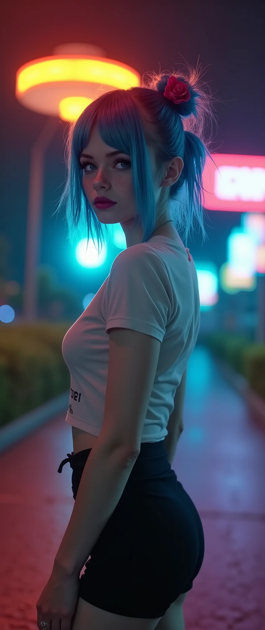 ((RAW photo), absurd, (absurdresolution)), masterpiece, best quality, (best shadow), beautiful detailed shine, hyperrealism, ((beautiful young woman, white complexion, freckles, red lips, mascara, eyelashes, made up)), (blue eyes, sharp pupil, realistic), (super sexy), (multicolored bun, disheveled, flowers) 21 years old, (tight t-shirt, short skirt, black thighs, bright colors), (standing, arrogant pose), ((at night, neon lights, glowing)), ((gigantic UFO brushing the treetops, solid light)). ((from below, Nadir Shot, from the knees)). «SunPuma S»