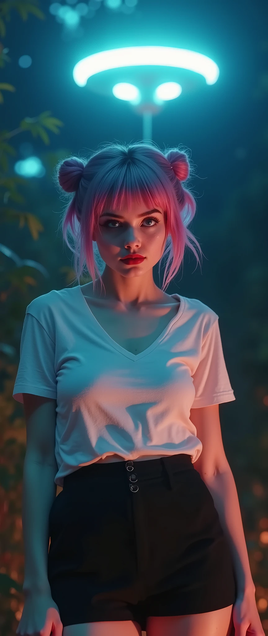((RAW photo), absurd, (absurdresolution)), masterpiece, best quality, (best shadow), beautiful detailed shine, hyperrealism, ((beautiful young woman, white complexion, freckles, red lips, mascara, eyelashes, made up)), (blue eyes, sharp pupil, realistic), (super sexy), (multicolored bun, disheveled, flowers) 21 years old, (tight t-shirt, short skirt, black thighs, bright colors), (standing, arrogant pose), ((at night, neon lights, glowing)), ((gigantic UFO brushing the treetops, solid light)). ((from below, Nadir Shot, from the knees)). «SunPuma S»