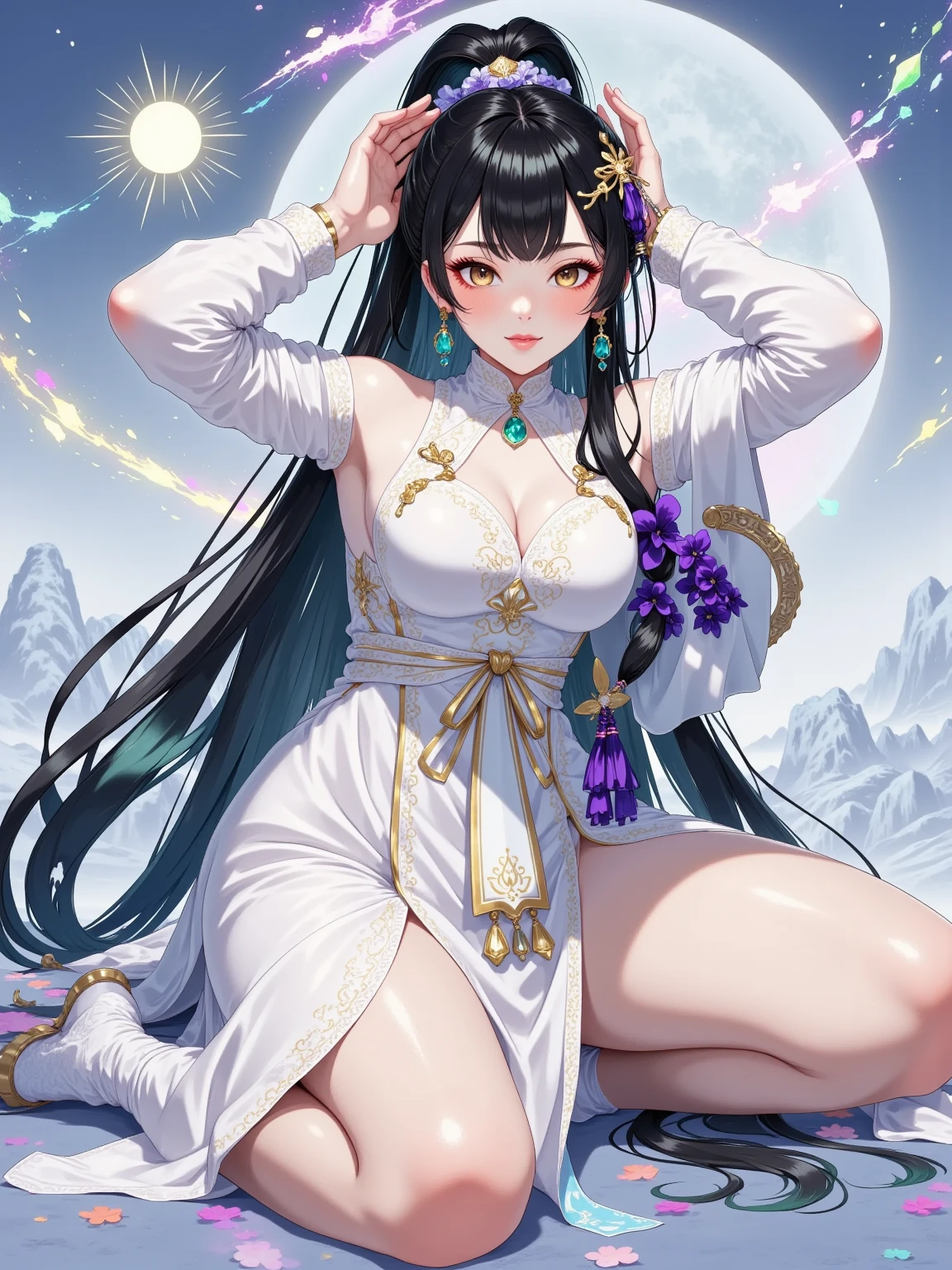 (masterpiece, Best quality;1.3), extremely detailed ,Ultra detailed, 1 girl,One, double tail, big breasts, evil smile, Wheat(rx78), Science fiction, fur, , blue hair, One, hair ornament, long hair, double tail, Golden eyes, Jewelry, earrings, I look at the viewer,Shinjuku City Background,night, lots of neon signs, Lunar Base, detailed dress, Micro mini skirt, from below, sitting,, bust shot,