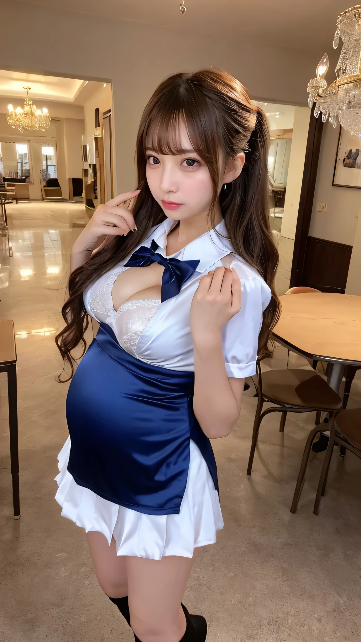 (highest quality, masterpiece:1.3, 超A high resolution), (Very detailed, Caustics), (Realistic:1.4, RAW shooting), Ultra-Realistic Capture, Very detailed,High resolution 16k, Human skin close-up, The skin texture is natural, It must be detailed enough to be easily identifiable,  Skin should look healthy and have an even tone, Use natural light and color, ((Dark Blue Blazer:1.4)), ((the body is slim)), girl, Japanese, 18-year-old, cute, Straight Long Hair, Big Breasts, smile, Turn your body forward, (View from the front:1.1), Looking into the camera, focused on the chest, Light brown hair, ((Black choker)), Very long and bushy eyelashes, blue eyes, bangs、Luxury Hotel Lounge, Marble wall, sofa, ((Beef on a tray, luxurious counter:1.4)), Big Breasts, Red lips, The background is marble wall