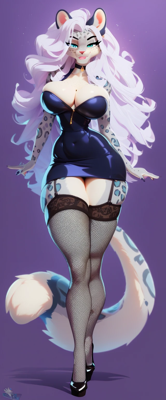 Lori,furry,Purple cat ears,Bust A,Short purple hair ends white,Hairstyle single ponytail,Purple complexion,A purple halo on the head,Inner ring purple microphone-like halo,Dark blue iris,Purple pupils,Purple sleeveless dress,Purple pantyhose,The sole has blue cat's paw prints,standingn,Standing painting,full bodyesbian,Height 150 cm