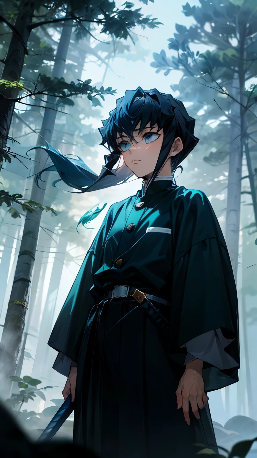 Muichiro Tokito, The Mist-Lath Warrior
Imagine a scene , in the Muichiro Tokito, the talented Mist Breath Warrior from "Demon Slayer", standing in a dense mist forest. his gaze is calm and focused, while he holds his sword firmly in his hand. The mist envelops him, as if it were a part of him, giving him a mysterious and unapproachable aura. the trees around him are barely visible through the thick mist, and the light breaks into shimmering rays, that makes the scene seem even more magical. Muichiro is ready, to fight every demon, who ventures into the mist, and his determination is clearly visible in his detailed blue eyes. Black hair with blue tips.
looks at observer
