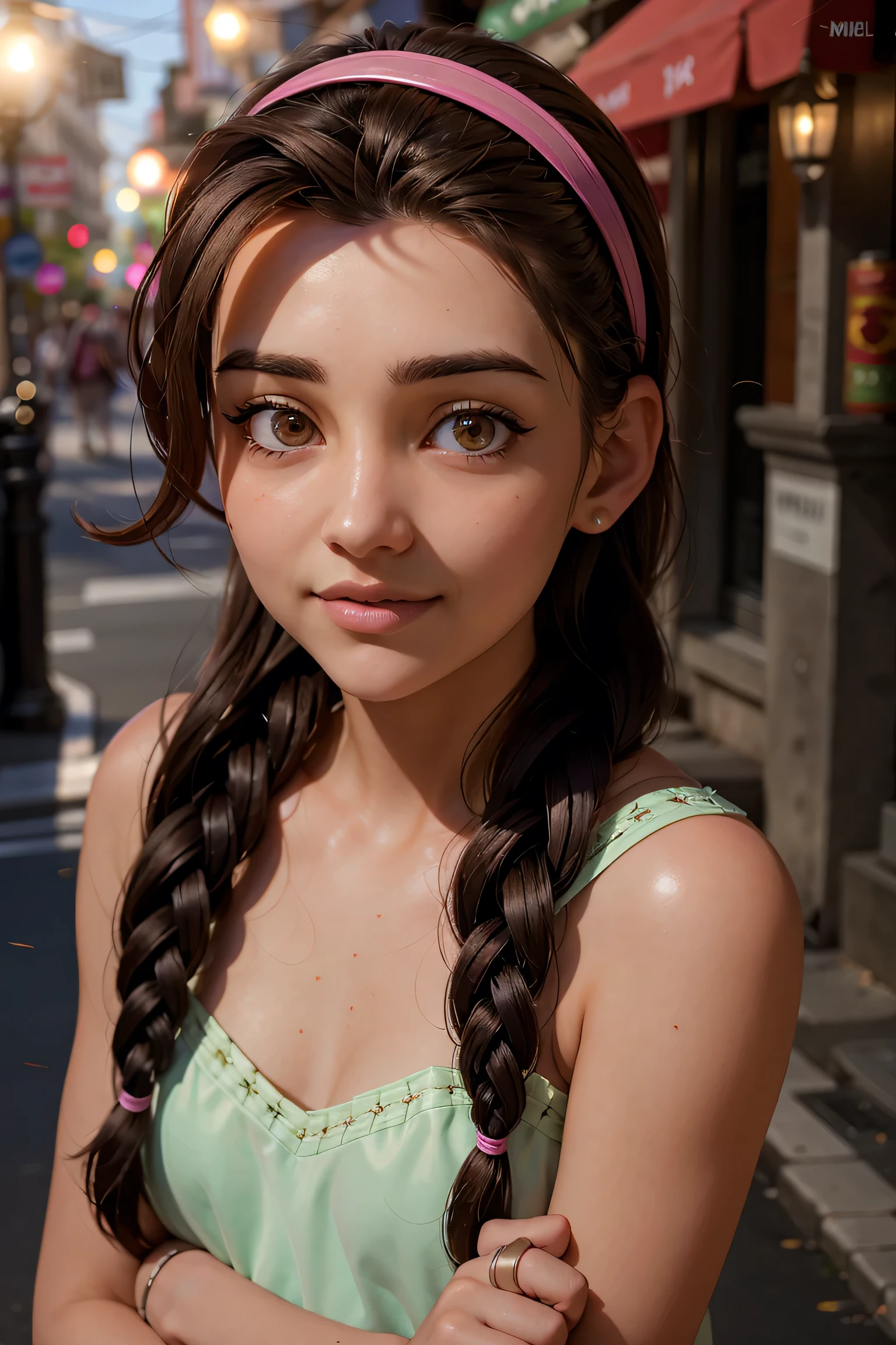 An impressive and intricate full color portrait, Ultra-HD a girl, brown hair with 2 braids, brown eyes, pink headband, detailed face, dressed in a light red dress, no logos, epic character composition, alessio albi, nina masic, sharp focus, natural lighting, subsurface dispersion, f2, 35mm, night, smile, restraunt, candles, romantic
