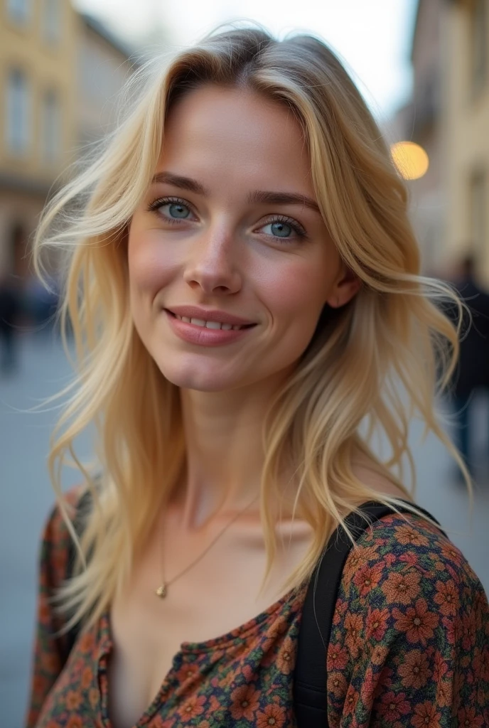 A blonde model, in paris, smiling,lovely eyes