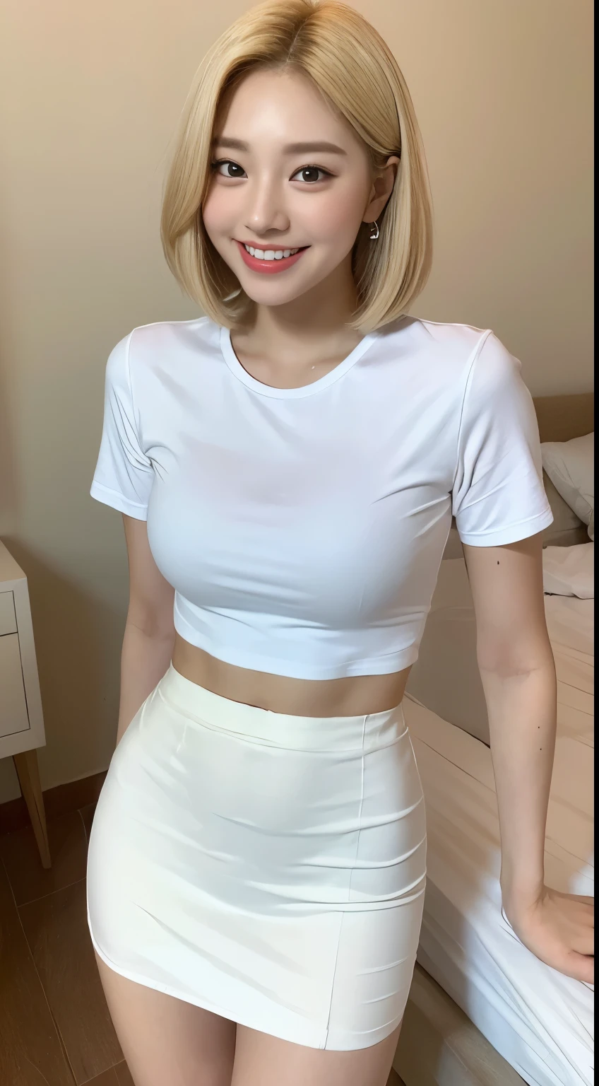 White tight shirt、White tight skinny mini skirt、bed、smile、Short sleeve、high resolution、Korean idol face、double eyelid、White teeth、Medium Hair
