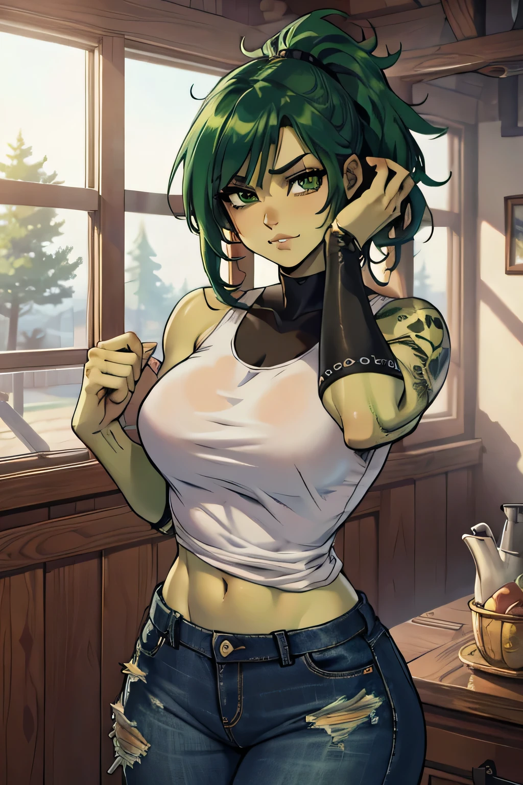 beautiful, attractive, masterpiece, 8k, hi-resolution, best quality, Ultra detail, high detailed digital anime art, fine details, anime, 8k masterpiece, hi-resolution, best quality, hi-res, Top Quality, High Quality, High Resolution, pretty, attractive, woman, orc, green hair, green skin, green eyes, punk hair, tattoo, muscular, black tank top, jeans, mansion