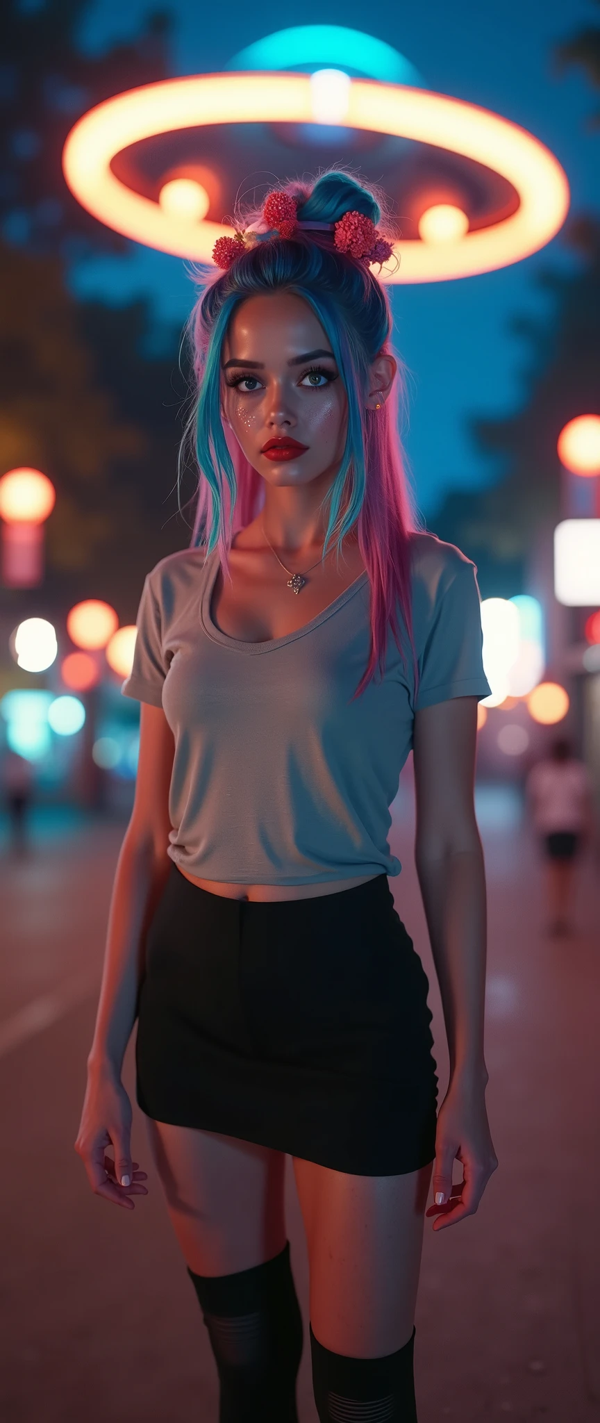 ((RAW photo), absurd, (absurdresolution)), masterpiece, best quality, (best shadow), beautiful detailed shine, hyperrealism, ((beautiful young woman, white complexion, freckles, red lips, mascara, eyelashes, made up)), (blue eyes, sharp pupil, realistic), (super sexy), (multicolored bun, disheveled, flowers) 21 years old, (tight t-shirt, short skirt, black thighs, bright colors), (standing, arrogant pose), ((at night, neon lights, glowing)), ((gigantic UFO brushing the treetops, solid light)). ((from below, Nadir Shot, from the knees)). «SunPuma S»