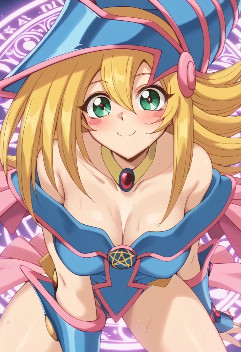 Very detailed、Highest quality、Best image quality、masterpiece、8k、Anime Face、A kind smile、Open your mouth、Blonde Hair Color、Black Magician Girl、Completely naked、All Nude、、Embarrassed look、Modest breasts、Small Boobs