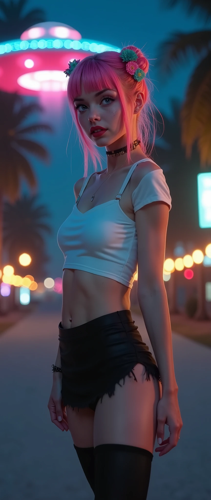((RAW photo), absurd, (absurdresolution)), masterpiece, best quality, (best shadow), beautiful detailed shine, hyperrealism, ((beautiful young woman, white complexion, freckles, red lips, mascara, eyelashes, made up)), (blue eyes, sharp pupil, realistic), (super sexy), (multicolored bun, disheveled, flowers) 21 years old, (tight t-shirt, short skirt, black thighs, bright colors), (standing, arrogant pose), ((at night, neon lights, glowing)), ((gigantic UFO brushing the treetops, solid light)). ((from below, Nadir Shot, from the knees)). «SunPuma S»