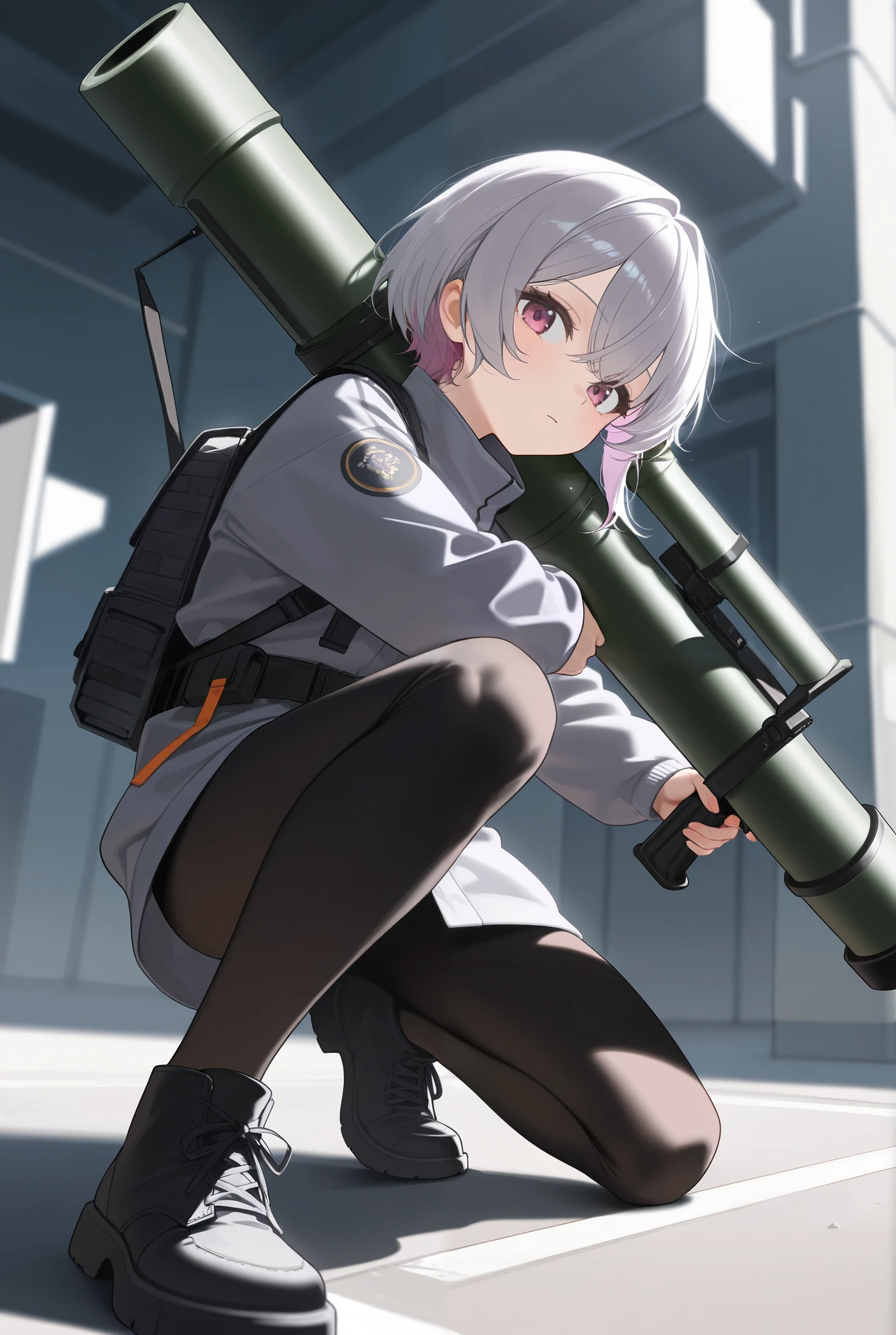 Standing on one left knee, holding a rocket launcher on the shoulder, diagonally down right