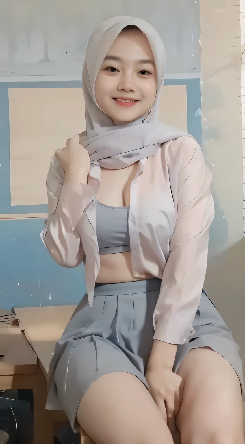 (masterpiece), HDR, UHD, 8K, best quality, high resolution, Indonesia young girl wear hijab, wet shirt, large breasts, pussy, skirt lift, ((((pussy dripping with cum)))), school girl, pussy embarrassed, blushing