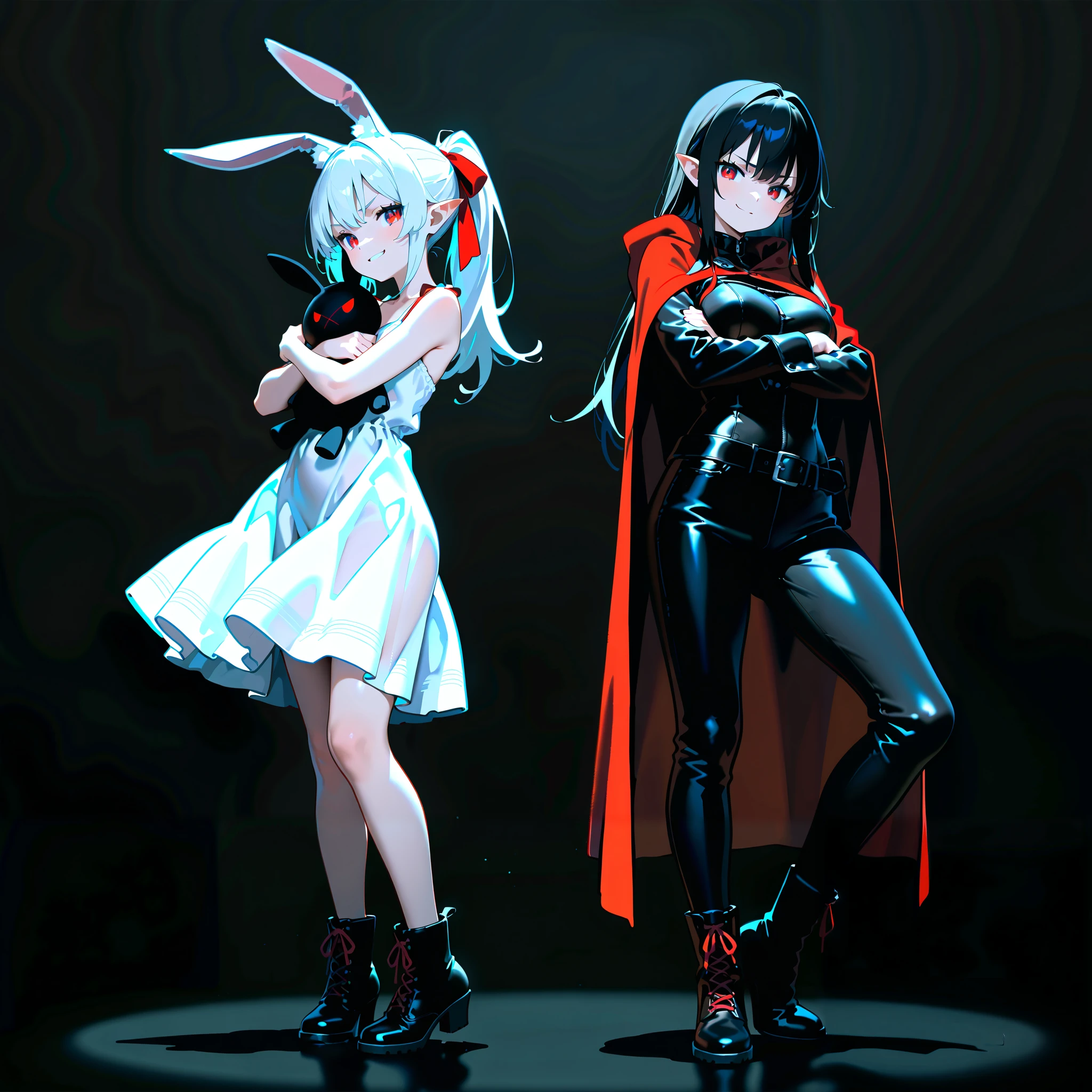 (masterpiece, best quality:1.2), super detailed, 2D artwork, 2girls, BREAK, 1girl, smirk, black hair, short ponytail with red ribbons, red eyes, beautiful eyes, pointy ears, black sundress with red cloak, high leather boots, standing pose, BREAK, 1girl, white hair, long hair, rabbit ears, white sundress, BREAK, 2girls hugging, simple background, indoor, HD, 4K,