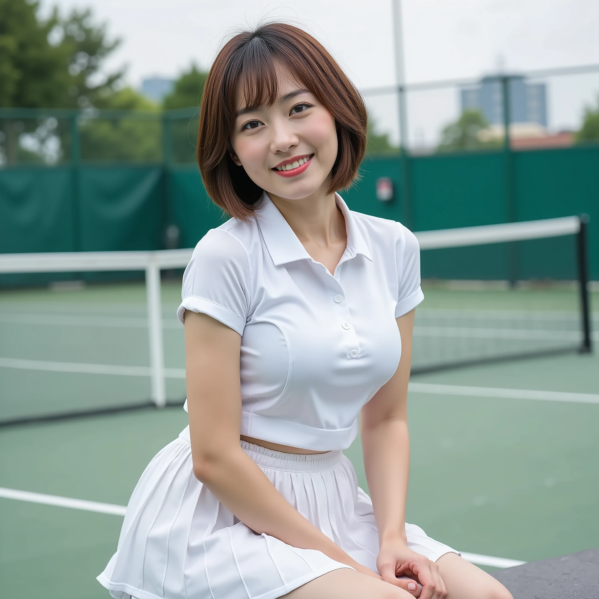 『 1 Japanese girl :1.3』『 real photos:1.3』 best quality :1.2、(( big breasts))、 and see a little bit of cleavage 、(( young woman))、(( have red cheeks ))『 smiling with her teeth :1.9』、((( anatomically correct 、 perfect anatomy、 anatomically correct 指)))、 realistic,  best quality , Ultra high resolution,  RAW photo, (Curvy body)、Only one female, (short sleeve sports shirt with collar ) ( tennis skirt with lots of folds), Mature women, /( tea hair/) bangs,  Blushing Gentle Smile , (最高傑作  best quality :1.2)  EXQUISITE ILLUSTRATION ULTRA PRECISE , large breasts break ( tennis courtのベンチに座る) break ( tennis court) Outdoors
