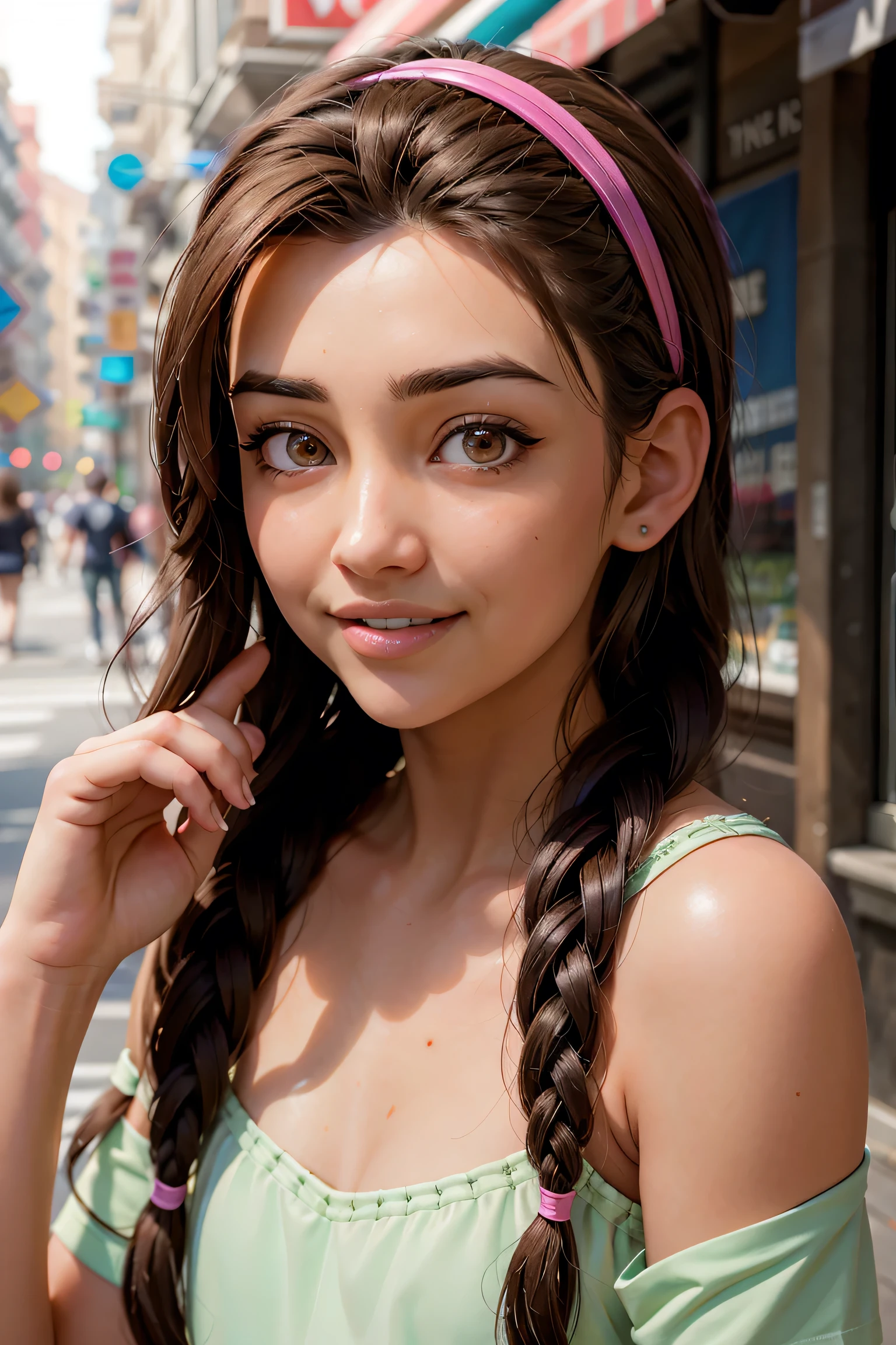 An impressive and intricate full color portrait, Ultra-HD a girl, brown hair with 2 braids, brown eyes, pink headband, detailed face, dressed in a crimson dress, no logos, epic character composition, alessio albi, nina masic, sharp focus, natural lighting, subsurface dispersion, f2, 35mm, in a restraunt, romantic, smiling with teeth, happy face.
