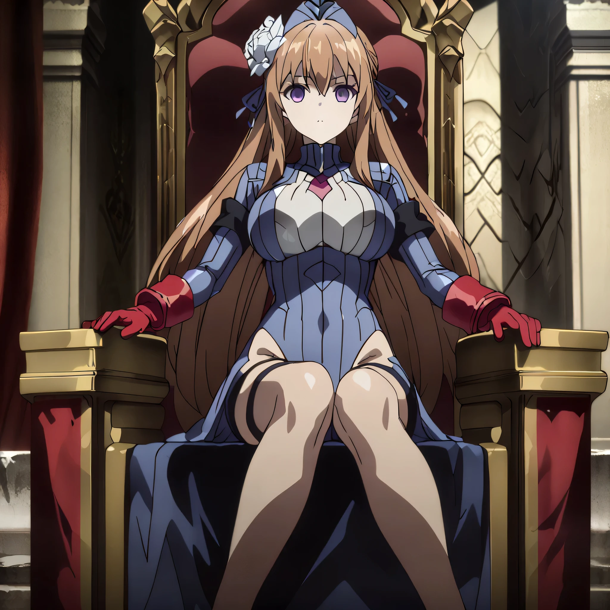 anime, (masterpiece), (best quality), (ultra-detailed), (best illustration), (best shadow), (absurdres), (detailed background), (very aesthetic), shiny, detailed beautiful eyes, outstanding, countershading, detailed soft lighting, an exquisite animation illustration, 1girl, solo, anheang, Dollsuit, thighthigh, dark persona, empty eyes, expressionless, blank eyes, looking at viewer, red gloves, full body, emotionless, Fighting Stance, hair ornament, large breast, huge breast, charlotte_olis, brown hair, side drill, purple eyes, hair flower, hair ribbon, long hair, very long hair, anime screencap, (((sitting on throne, sitting, throne room background)))