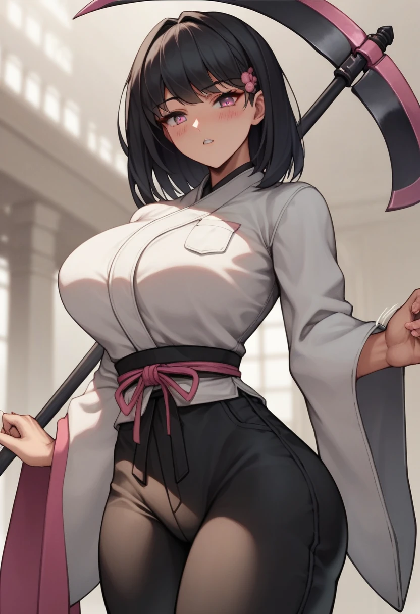 masterpiece, absurdres, best quality, ultra detailed, high Resolution, detailed illustration, bright colour, (extremely beautiful detailed face and eyes, Delicate beautiful face, 1 girl, cute face:1.3), (magenta eyes:1.1), sparkling eyes, big eyes, medium breasts, (perky breasts:1.1), (pointy breasts:1.1), medium hips, glamorous body, white skin, BREAK, long bob cut, (blonde hair:0.8), messy hair, detailed hair, shiny hair, BREAK (undressed Kyudo uniform, Panties:1.3), perfect lighting, (embarrassed:1.3), (ecstasy, vulgarity:1.5), (trembling:0.8), Kyudo hall,