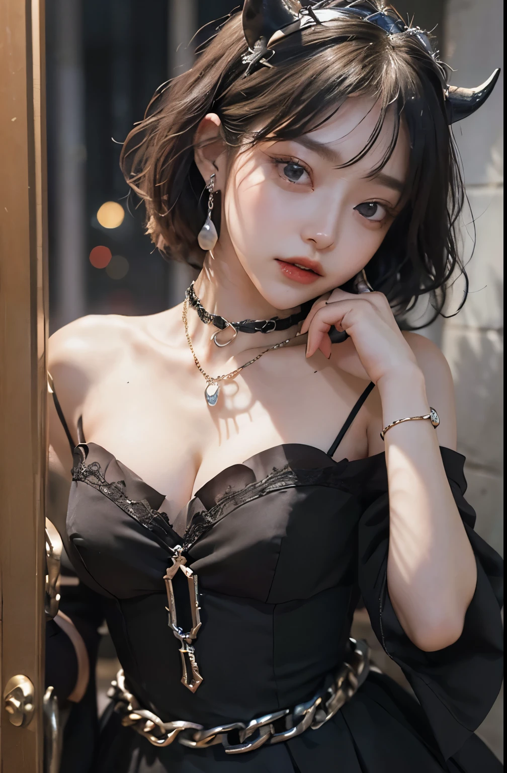 (natta:1.8)、((top-quality、masterpiece:1.3))、sharp:1.2、Perfect Body Beauty:1.4、natta、((Layered hairstyle))、(Black lingerie:1.1)、(darkened room:1.5)、(chains:1.3)、Highly detailed facial and skin texture、Detailed eye、二重まぶた、((Bob Hair))、boyish、Cool、((unisex))、(chain)、big eye、Necklaces、bangss、((One Woman))、Black eyes、A bracelet、耳Nipple Ring、a choker、Ring、(Chain Accessories:1.2)、The upper part of the body、Cuffed、Bedroom、((nighttime scene))、Farbe々From an angle、
