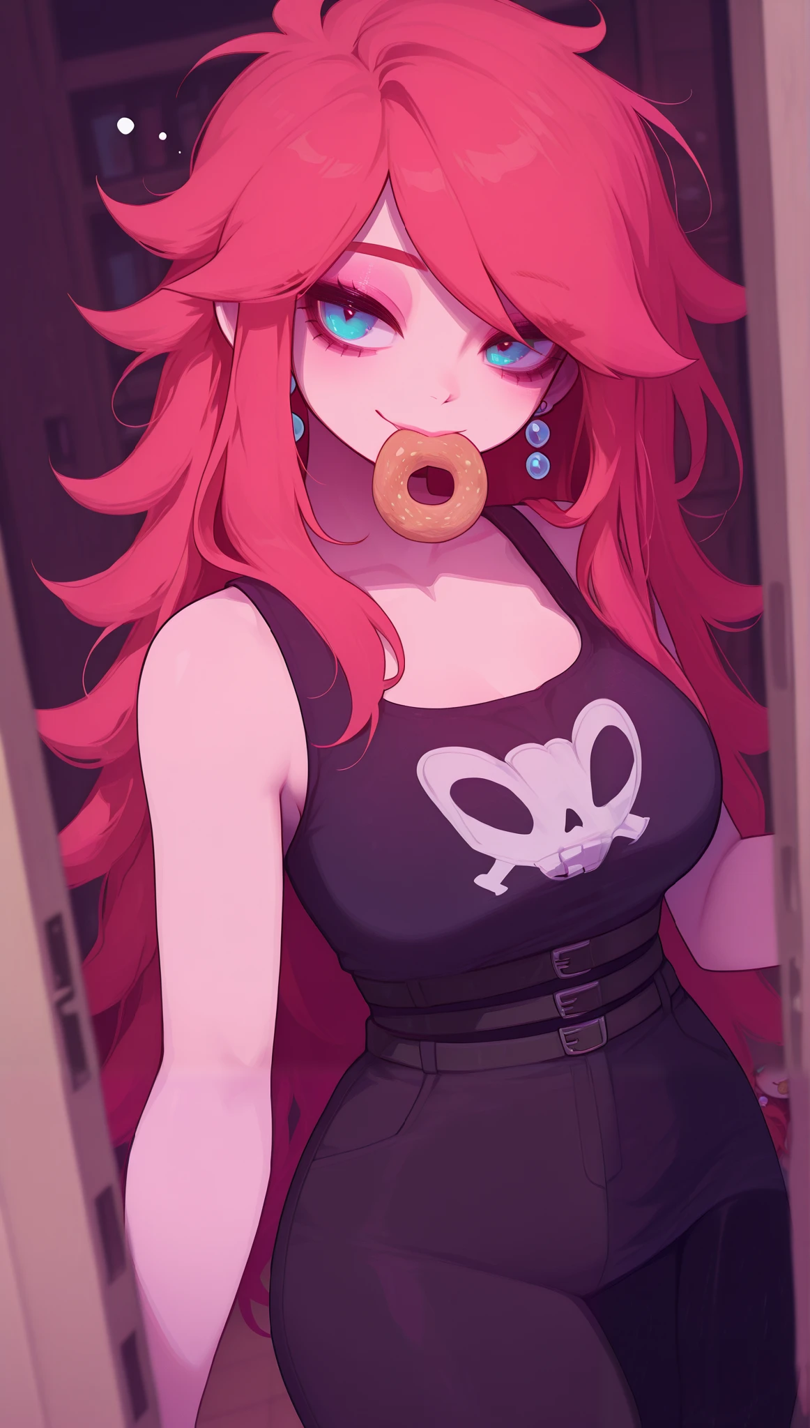 (masterpiece), (portrait), medium breasts (aesthetics), ((1 female 21 years old)), Highlight earrings), ((very long hair, piercing in the ear, punk girl style )), ((Hot red hair, messy hair, round biscuit in mouth, sleepy face)), straight hair, thin eyes open, blue eyes, cute, woman, malicious smile, beautiful, female features, top, high quality, aesthetic clothing, professional angle, (rule of thirds), (feminine), (beautiful) , (female ) features), solo, (Korean attractive), summer, (ink haze), (afternoon), (vibrant light), seductive posture, ((face looking forward))), short tank top, black leggings ((Energy)), (no makeup), (medium Breasts), Fair Skin, (Clothes with Hip Hop Details, horny and slutty voluptuous woman), (a femboy girl, hot fit, voluptuous mature body, super curvy body), (Sleep Neckline), Beautiful Hands, Body beautiful, beautiful ears, beautiful eyes, bright eyes, beautiful mouth, beautiful lips, in the store, shelves, hot and thick thighs