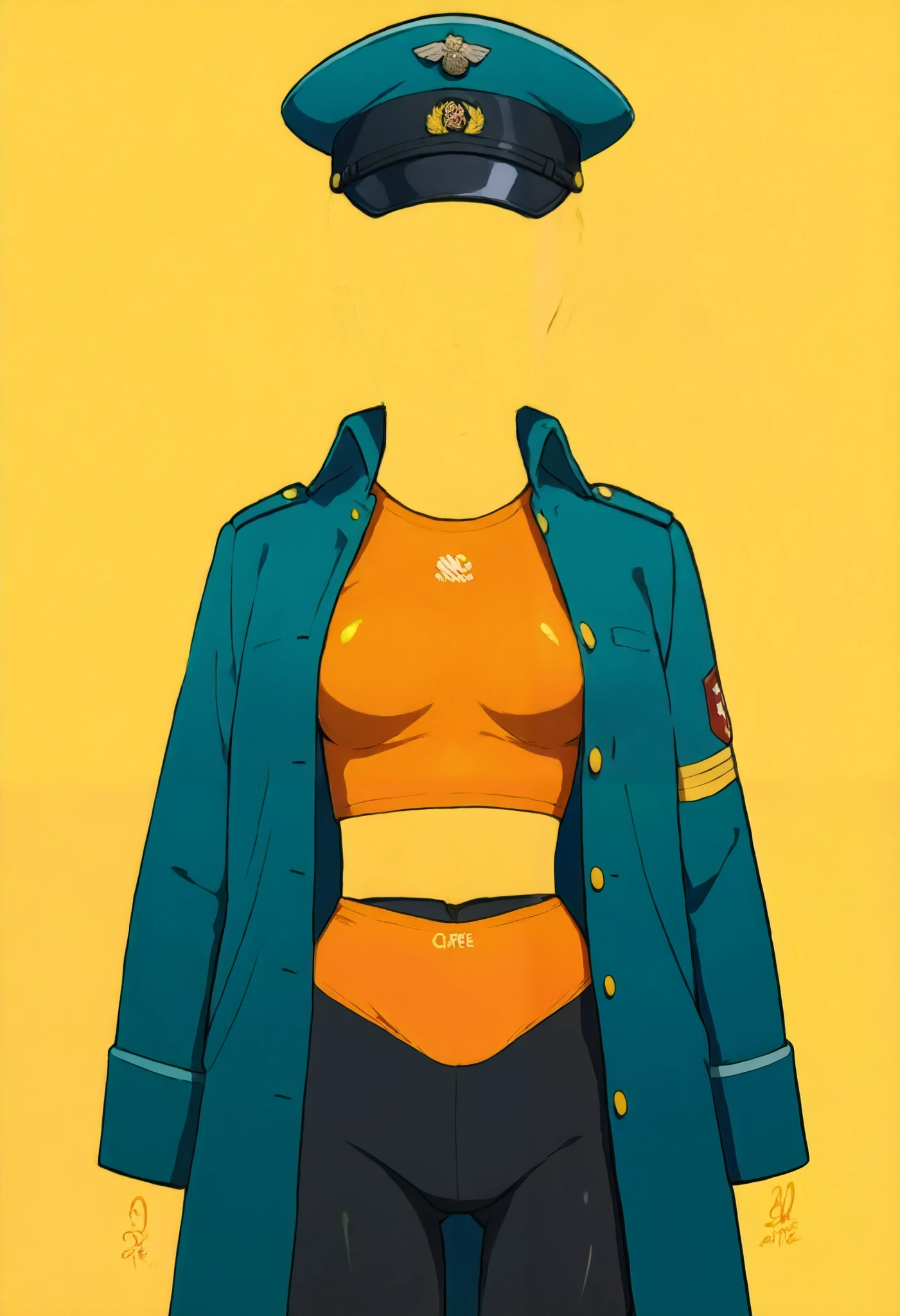 High Quality ,masterpiece,One person,Single, standing picture ,Handwriting, analog illustration style,Navy blue military uniform, military coat with an open front ,,Orange underwear ,Big Breasts,Sports leggings,Transparent Person, no facial contours , the face part is black like a shadow, yellow light like the eyes on the face ,military cap, cowboy shot