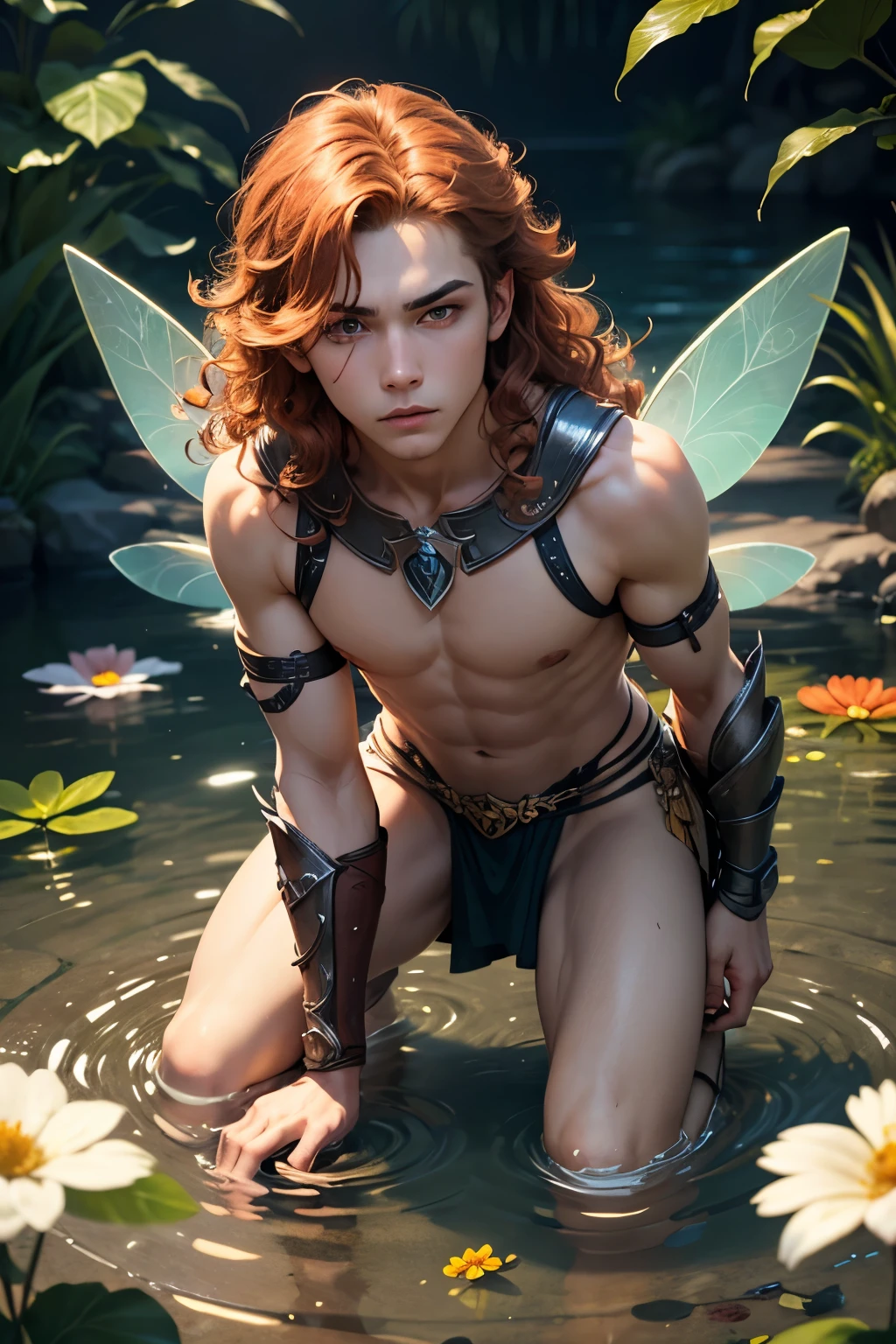 1boy, male, , innocent face, cute face, youthful face, tanned skin, tan skin, golden eyes, fairy, fairy wings, golden fairy wings, gold fairy wings, yellow fairy wings, brown hair, dark brown hair, long hair, glowing neon hair streaks, braided hair, thin body, short, sexy, skimpy, loincloth, blacksmith, technomancer, cybernetic body, forge hammer