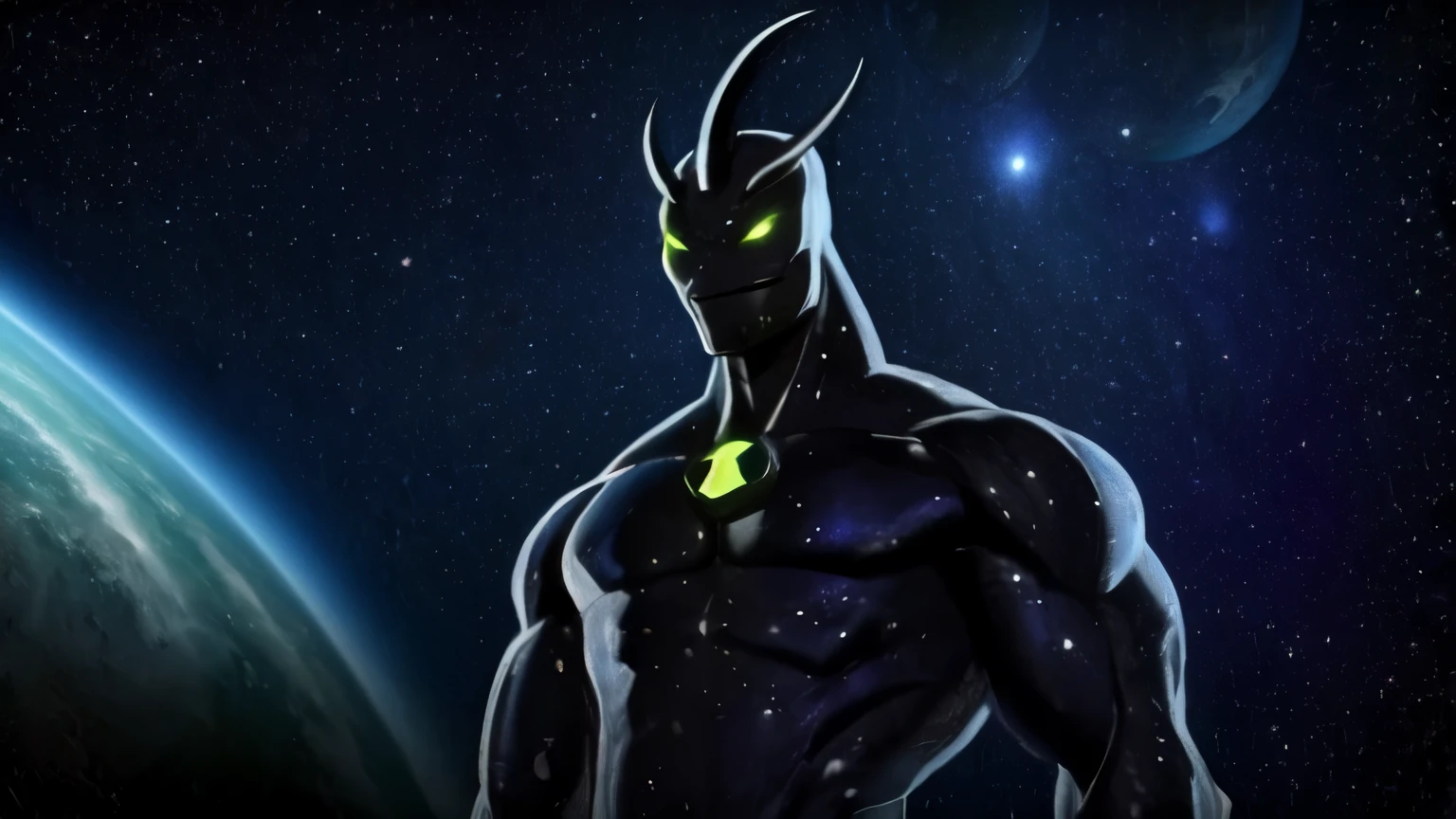 alien x, handsome, floating gracefully, soft smile, night, macro in space