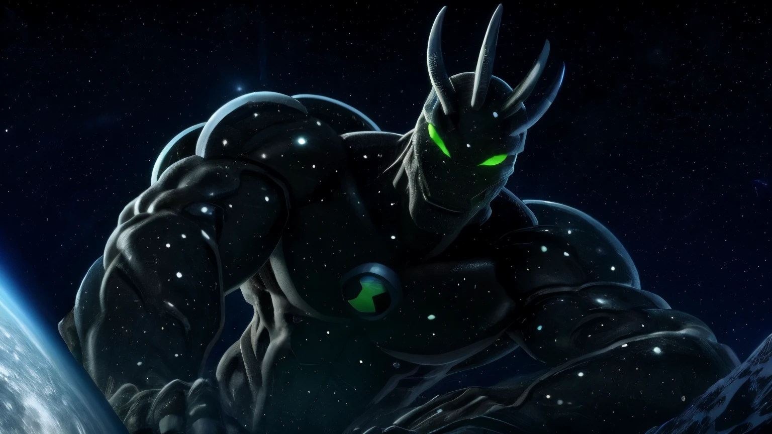 alien x, handsome, floating gracefully, soft smile, night, macro in space