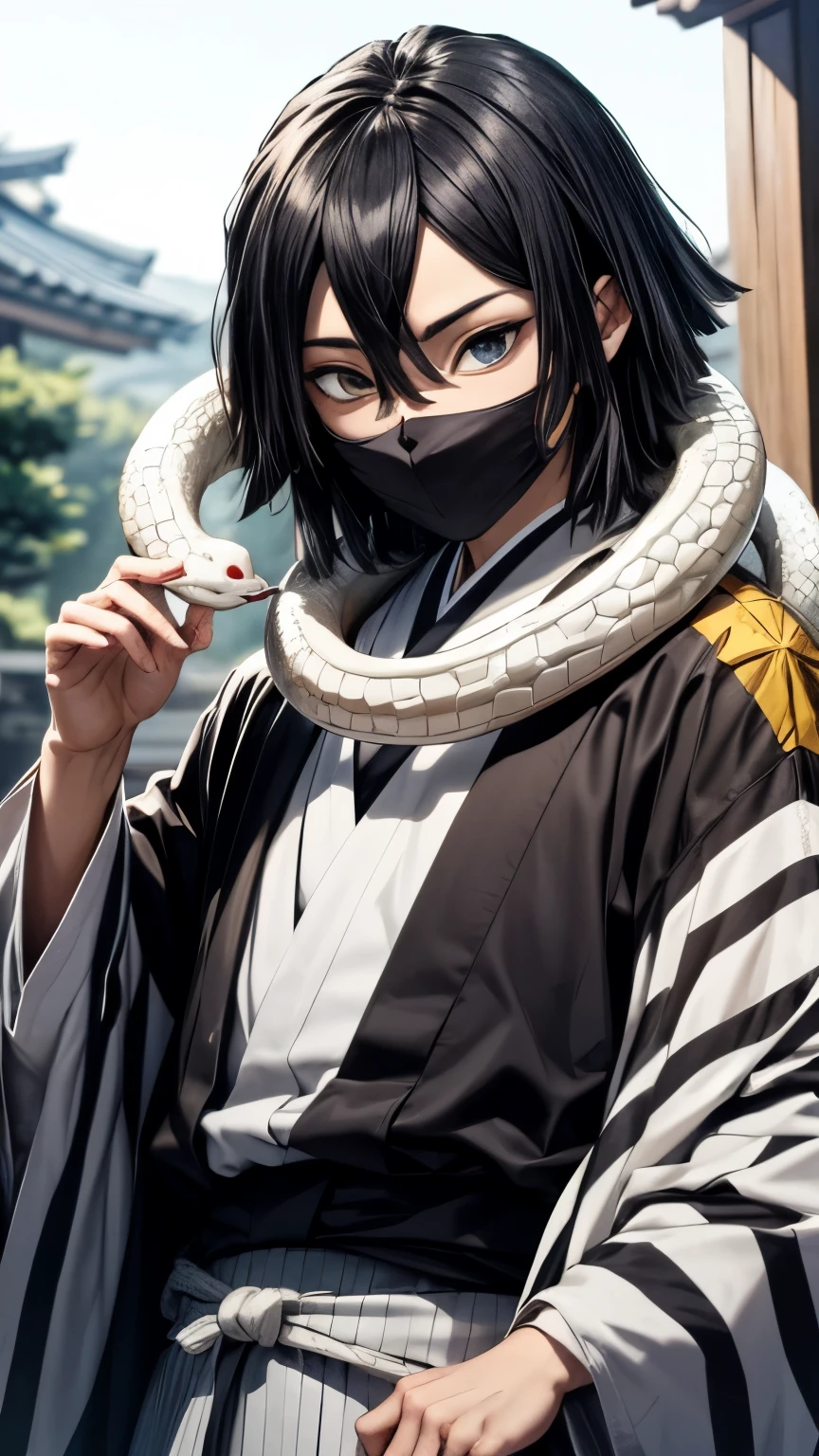 Obanai Iguro with his typical snake mask and heterochrome eyes,
Obanai in his black and white striped Haori , with his loyal snake Kaburamaru wrapped around his neck ,
Obanai Iguro with a determined look , while his snake Kaburamaru surrounds him closely , Obanai Iguro in a traditional demon hunter pose , ready for battle, Obanai with his heterochrome eyes , that show a penetrating and fearless expression . In the background, you should see a traditional Japanese landscape