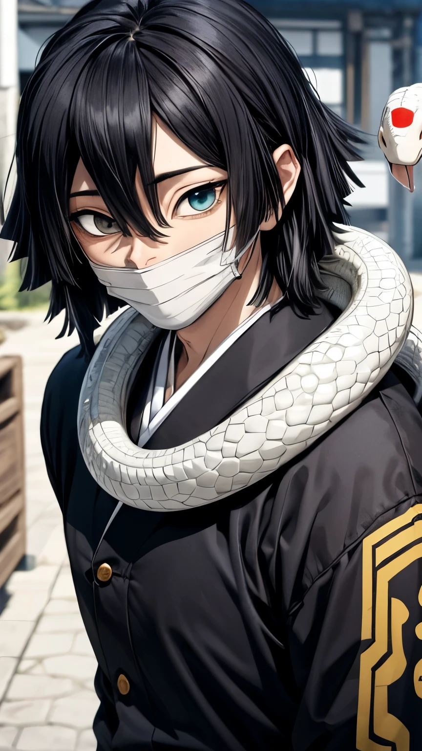  Obanai Iguro with his typical snake mask and heterochrome eyes,
 Obanai in his black and white striped Haori ,  with his loyal snake Kaburamaru wrapped around his neck ,
 Obanai Iguro with a determined look ,  while his snake Kaburamaru surrounds him closely ,  Obanai Iguro in a traditional demon hunter pose , ready for battle,  Obanai with his heterochrome eyes ,  that show a penetrating and fearless expression .