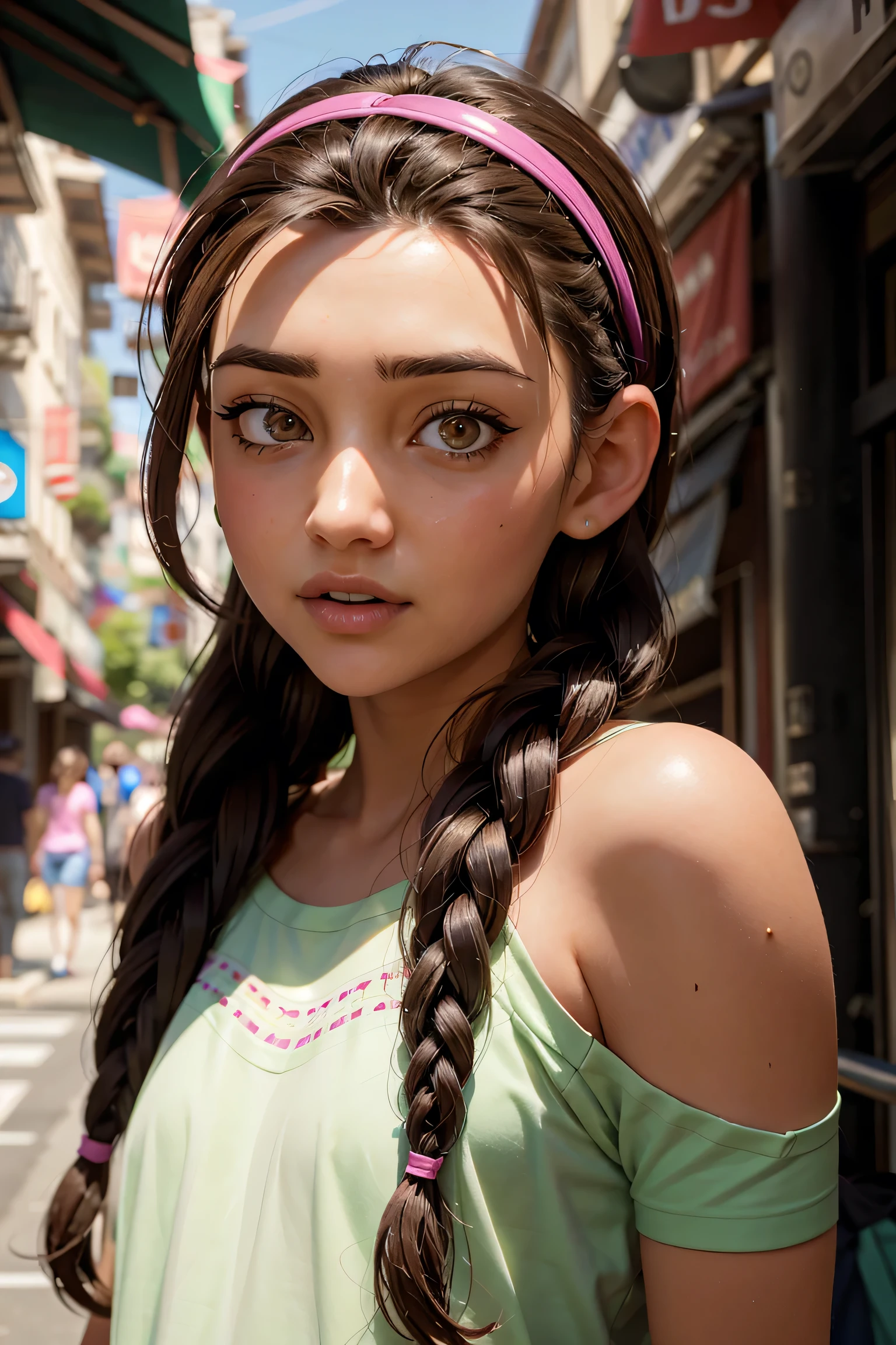 An impressive and intricate full color portrait, Ultra-HD a girl, brown hair with 2 braids, brown eyes, pink headband, detailed face, dressed in a light green t-shirt with embroidery on the neck, no logos, epic character composition, alessio albi, nina masic, sharp focus, natural lighting, subsurface dispersion, f2, 35mm,,