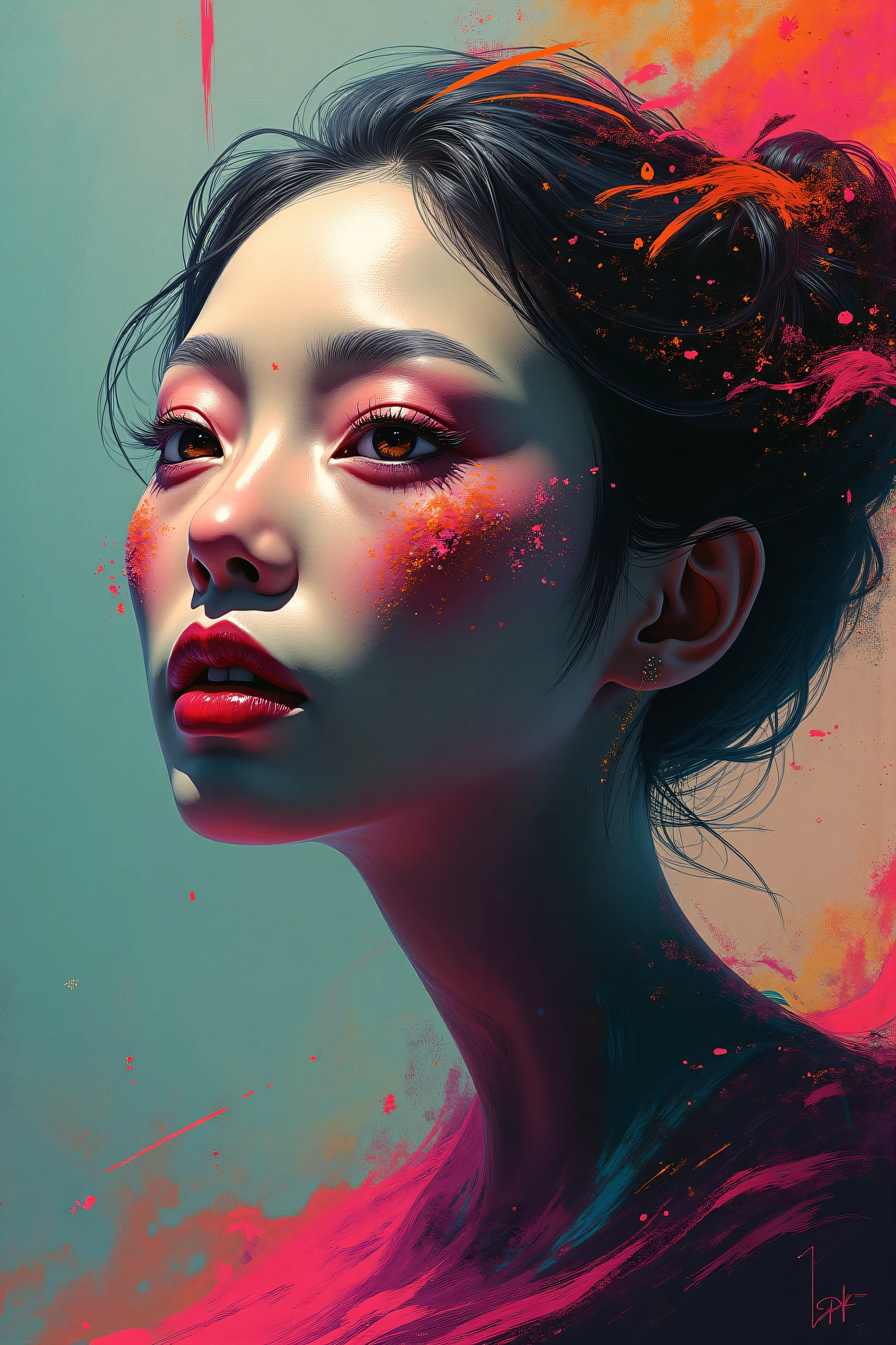 Painting of a woman with a pink and red paint splattered on her face ...