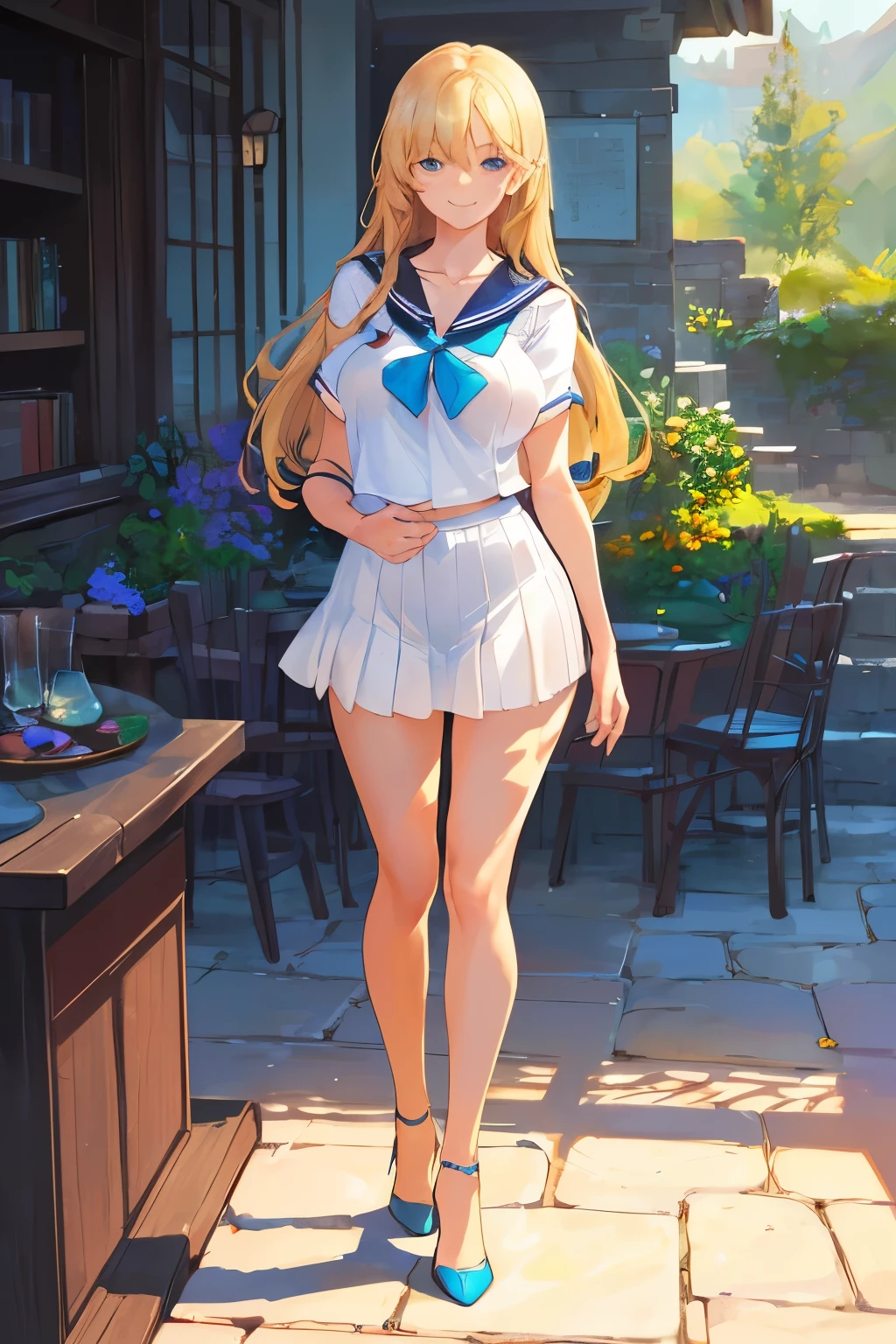 (Realistic, Photorealistic:1.4), Beautiful illustration, view the viewer, full body , Front view, 1 (girl:li:1.2), 12( long hair:0.3), blond hair, Bangs, hair between eye, (Medium breasts:1.1), Beautiful hair, Beautiful Baby-f Beaul detailed eyes, Beautiful collarbone, Beautiful body, beautiful (Big Breast:0.9), beautiful boob, beautiful thigh, Beautiful legs, Beautiful fingers, (Beautiful scenery), Garden, ((Sailor Uniform, bare legs, white pin high heels)), (standing on glass, Smiling to Viewer ),