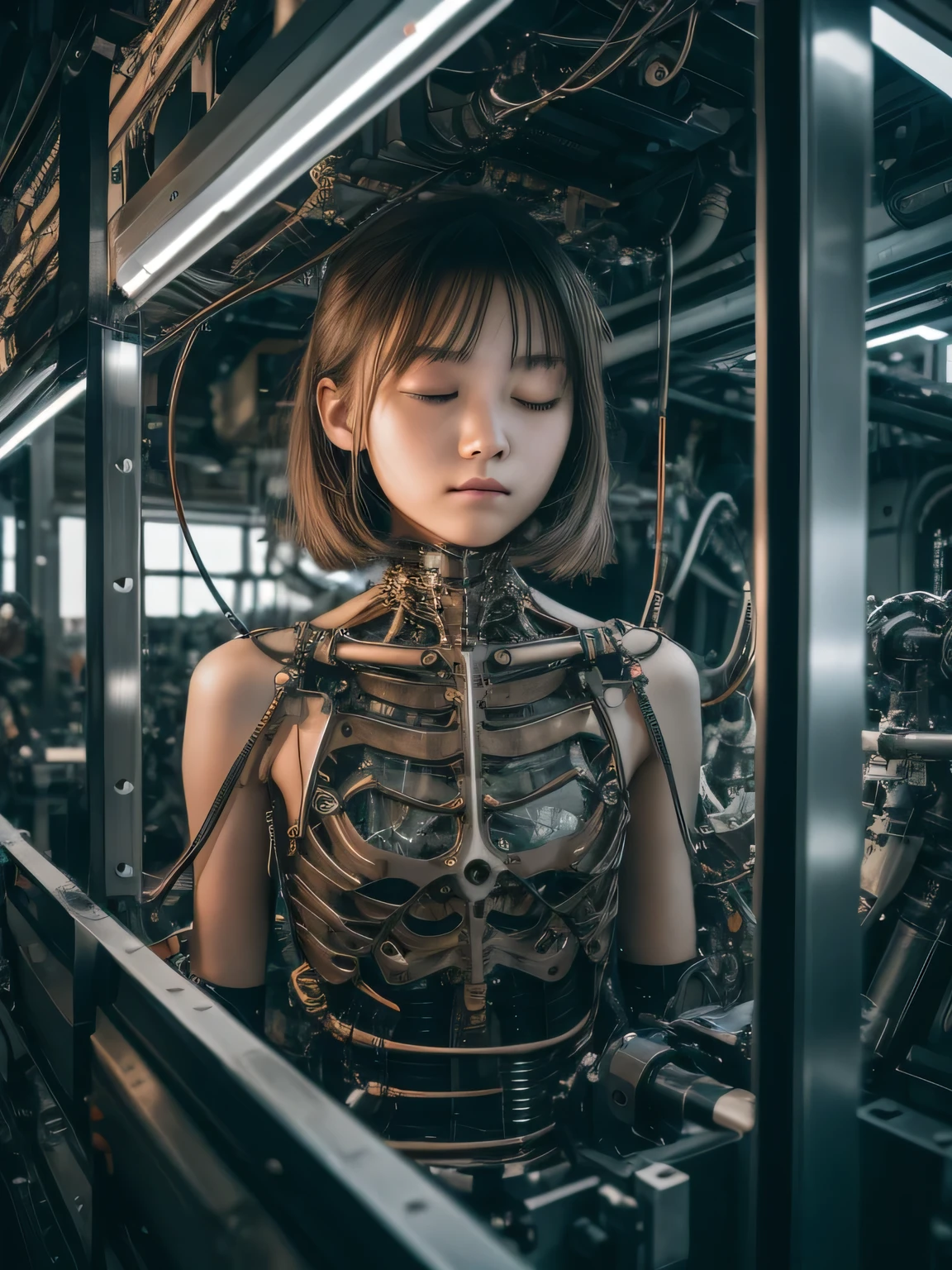 Japanese woman equipped with a simple prototype reinforced exoskeleton under development at a secret base, super realism, realistic photography, taken with Fuji film X-T30+Nokton. HDR10