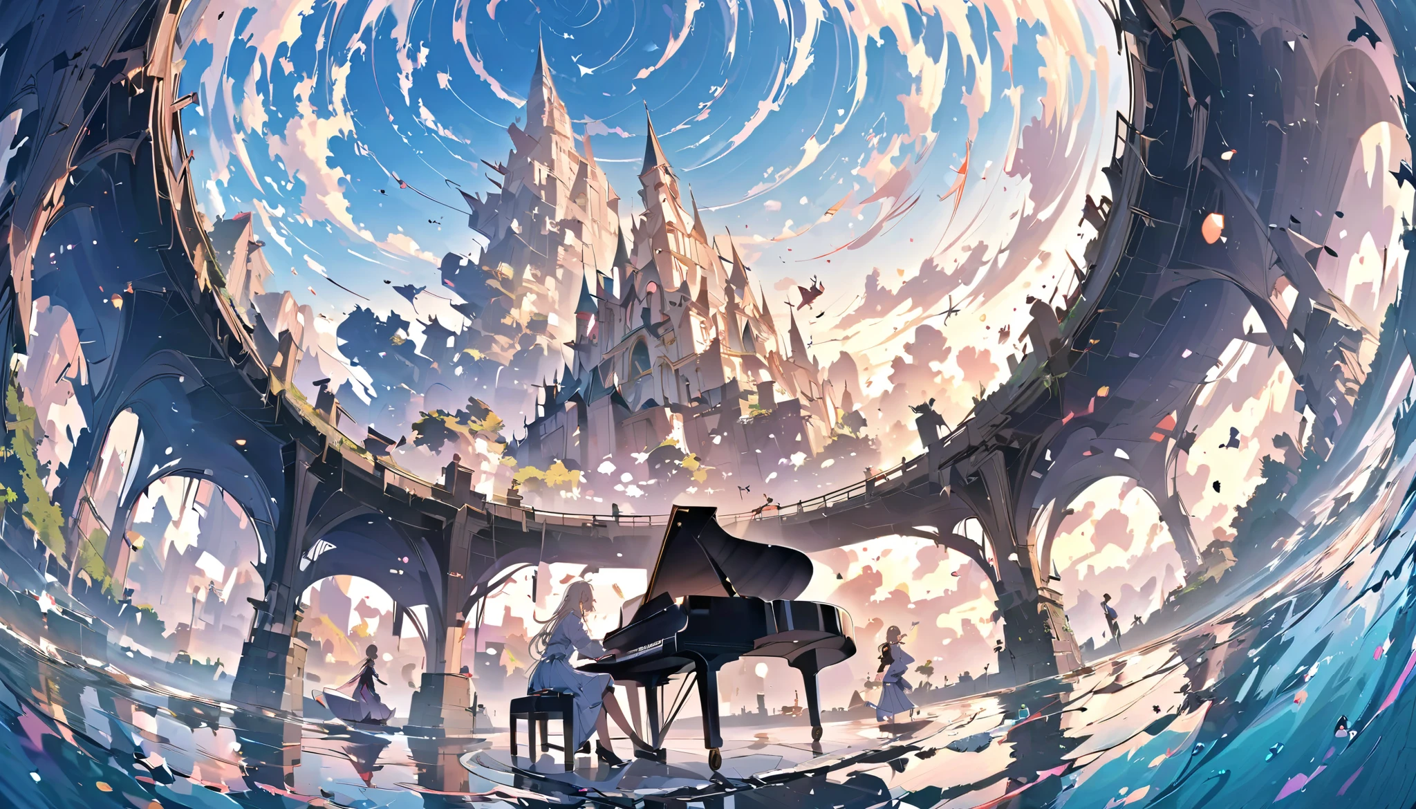 fisheye lens、Flare Lens、Scenery Reflected in Puddles 、 fisheye lens、Lake in ruins 、 piano floating above the lake、Play the piano、 mystical scenery、(Masterpiece, best quality , Official Art:1.2), 荒れ果てた廃墟の中でグランドPlay the piano少女 , Floating Colorful Water, Details, dynamic angle , beautiful Details, 8k, break smiling amidst the カラフル scenes, ( best quality , Masterpiece, high resolution, Details), anime style, ( eyeliner , Details美しい顔), break, dynamic angle