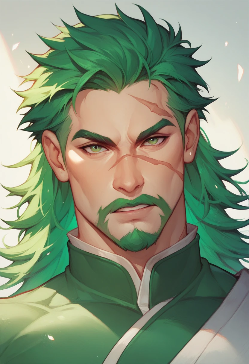 macho,Foco masculino,Man,cabelos verdes,olhos verdes,anime,cabelos longos, retro artstyle, solo,hair between eyes