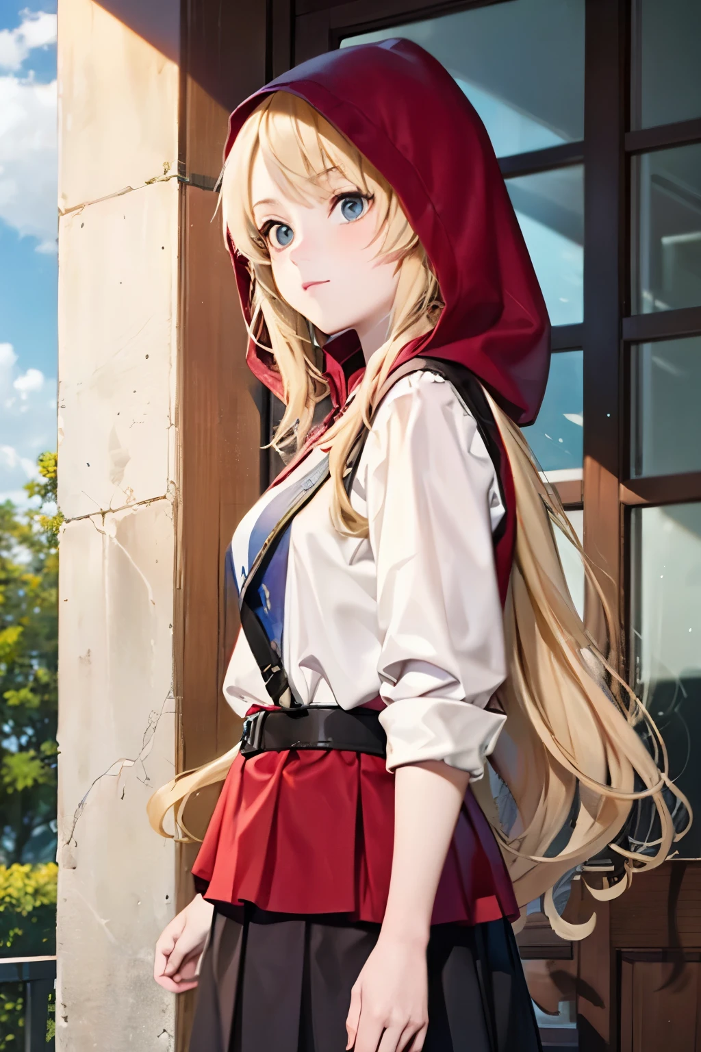 An anime-style game character of a girl who wears a red hood that covers her entire body.