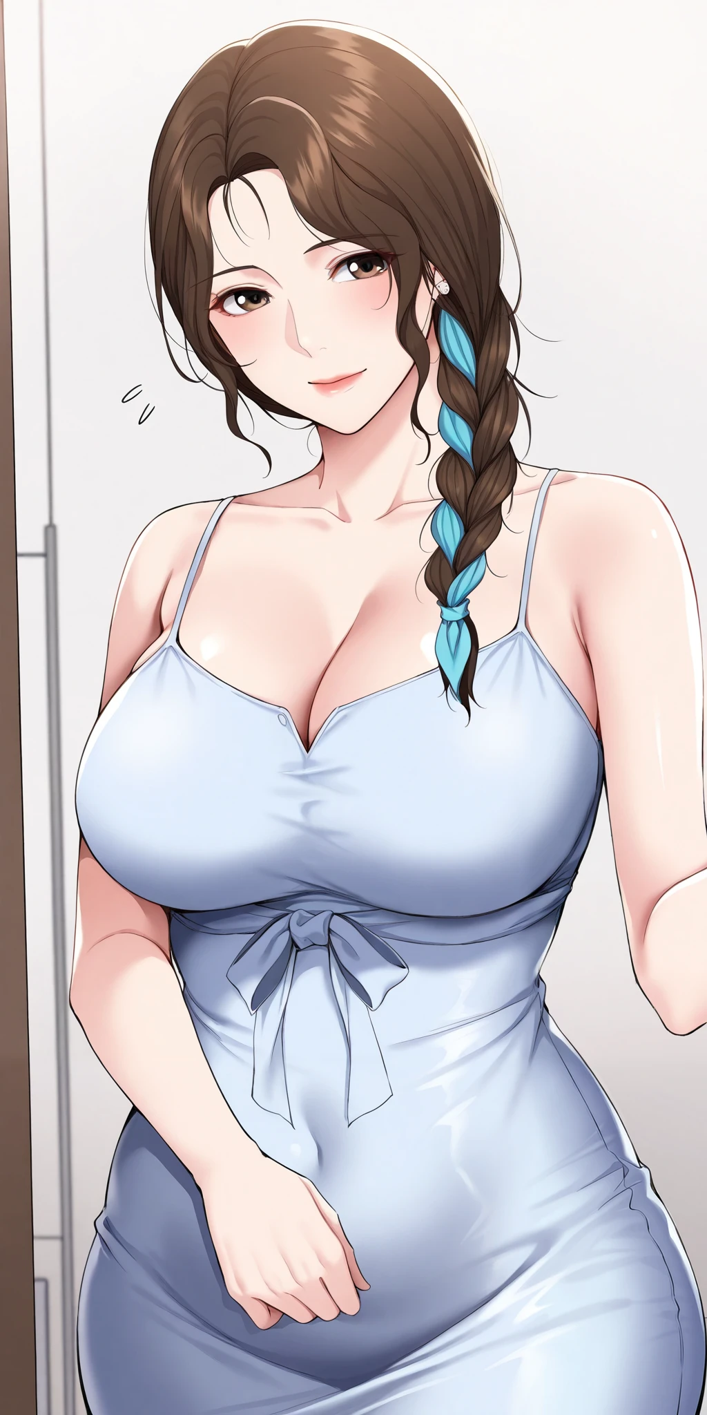 masterpiece, mature female, housewife, 1girl, solo, mature female, cho_mi-kyung, single hair braid with blue scarf, hair over shoulder, beautiful brown hair, camisole dress, cleavage, soft light, high detailed, best quality, upper body