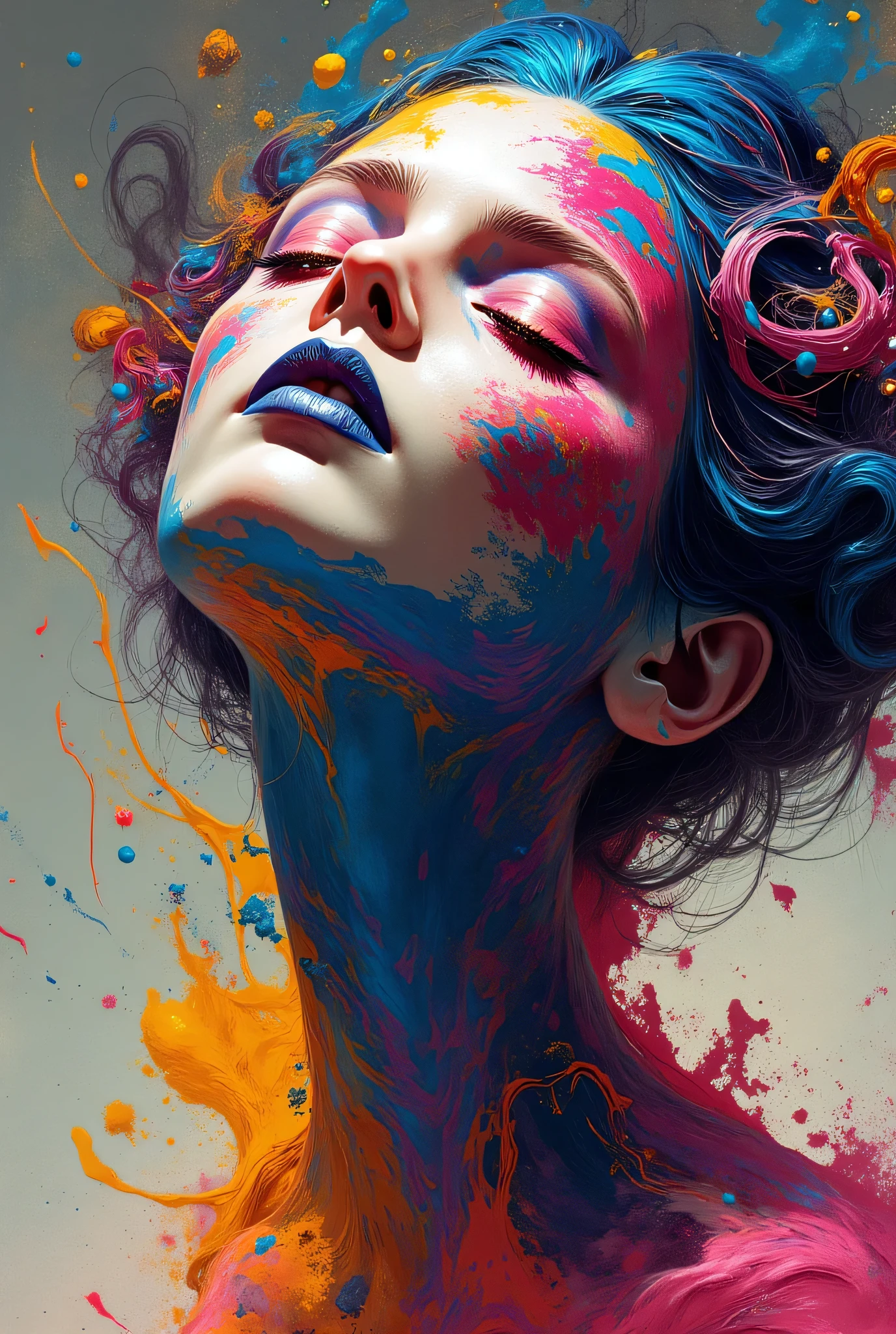 a woman with blue hair wearing a colorful outfit and a colorful background with paint splatters on it, by Hirohiko Araki,official art, unity 8k wallpaper, ultra detailed, beautiful and aesthetic, masterpiece, best quality, (zentangle, mandala, tangle, entangle), 1girl, extremely detailed, dynamic angle, cowboyshot, the most beautiful form of chaos, elegant, a brutalist designed, vivid colours, romanticism, by james jean, roby dwi antono, ross tran, francis bacon, michal mraz, adrian ghenie, petra cortright, gerhard richter, takato yamamoto, ashley wood, atmospheric, ecstasy of musical notes, streaming musical notes visible