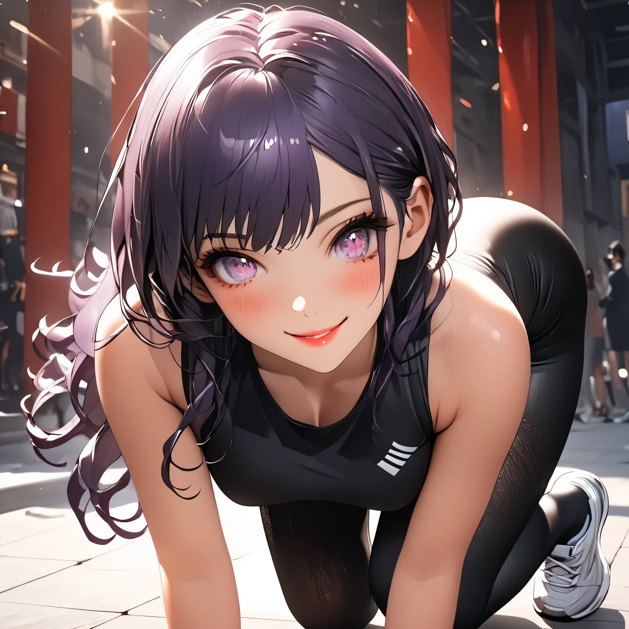Masterpiece, 4K, HDR, full HD, (best quality), (ultra detailed), (only), intricate ANIME TYPE, best quality, 1girl , ((deep purple hair)) , hyper beautiful face, perfect anatomy, shiny skin, full body, alone, long hair, looking at viewer, perfect hands, perfect legs, super detailed clothes, intricate clothes, hyper detailed cloths, super detailed face, super detailed skin, super detailed quality, expressive eyes, brown eyes, super detailed eyes, JK, epngekatsuragimisato , SDXL illustration design beautiful girl two-dimensional beautiful girl digital painting comic Ukiyo-e watercolor cartoon others,ROUGH, smile, blushing, dynamic pose, American shot, cowboy shot, portrait quality, super detailed hands, super detailed fingers, very beautiful fingers, very beautiful hands, 8k,masterpiece, CGSTATION, hyper CGI style, extremely detailed art by artgerm , photorealistic chica anime render , A 4K anime drawing style, best quality, 3D rendering, INTRICATE, Cute Girl, hyper detailed, medium bust, 27 years old, a woman, Sensual smile, red lips, super detailed skin, She is wearing tight black thermal leggings, she is wearing a tight red sports shirt, white running shoes, Side Lunge Pose: The model is in a side lunge position, with one leg bent and the other extended. Her torso is slightly leaned forward, and her hands are together in front of her chest.