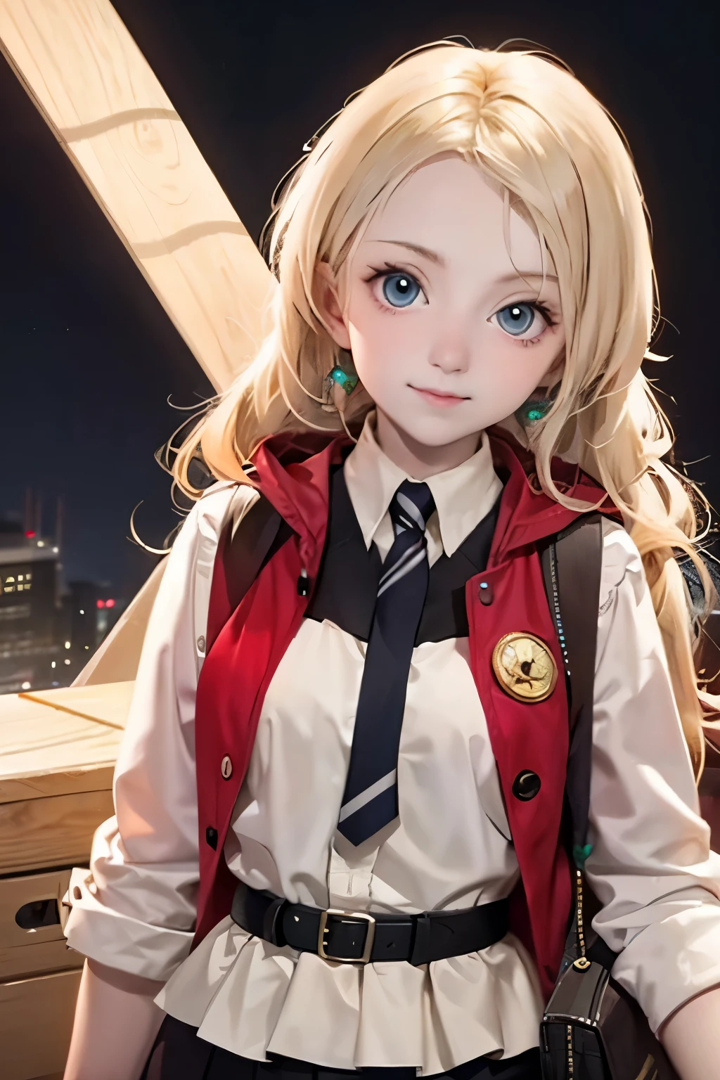 An anime-style game character of a girl who wears a red hood that covers her entire body.
