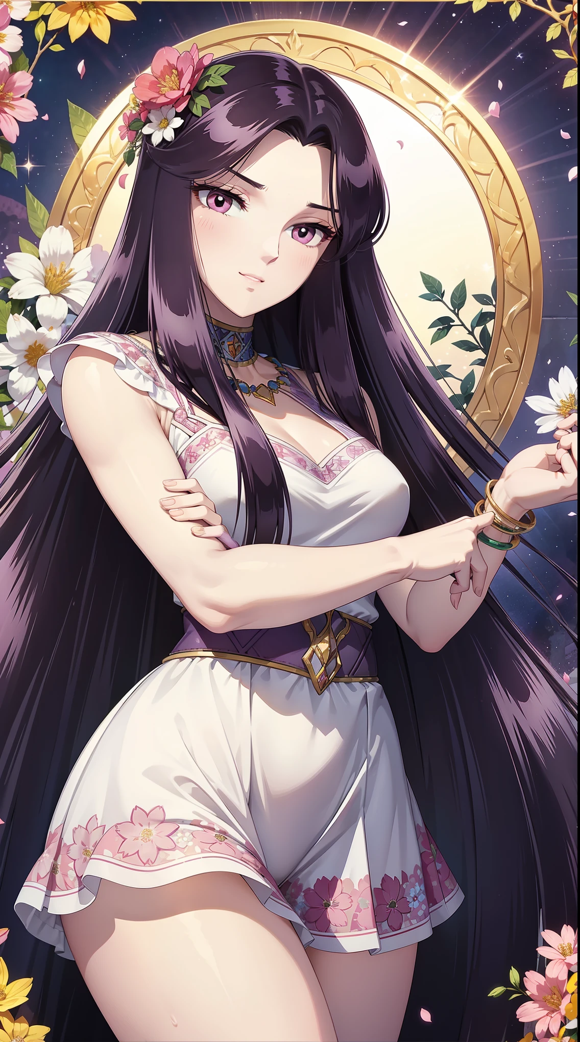 Position: On the left she is surrounded by magical flowers. Visual description: Perfect body with a slim build, big and firm breasts. big bear Hair: decorated with small flowers. Eyes: full of life and warmth. Clothing: Very short and light open dress made of leaves and petals, with floral details showing everything her beautiful body without underwear. Accessories: Flower crown, intertwined branch bracelets. Expression and Posture: Sweet and friendly look, with a welcoming smile. Symmetrical face, sexy pose, masterpiece, sexy side angle (all intricate and realistic details).,,, pandora, purple eyes, black hair, long hair,