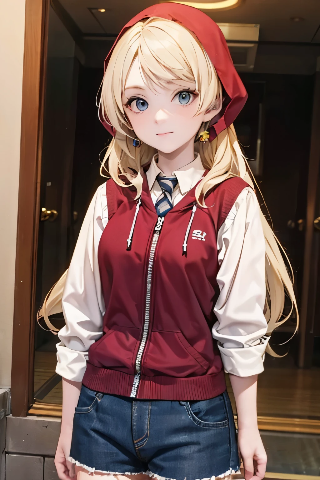 An anime-style game character of a teenage girl who wears a red hood that covers her entire body.