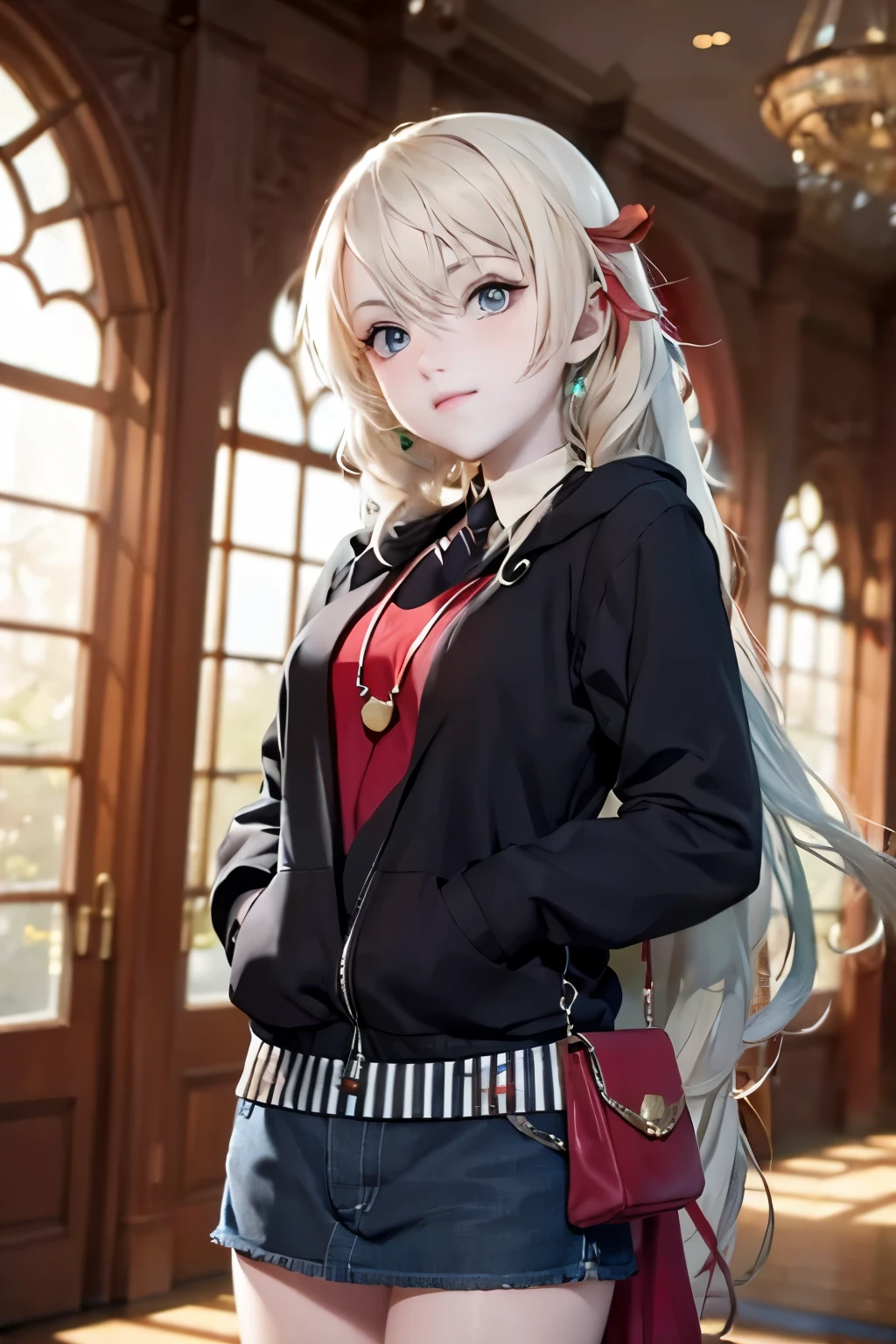 An anime-style game character of a girl who wears a red hood that covers her entire body.
