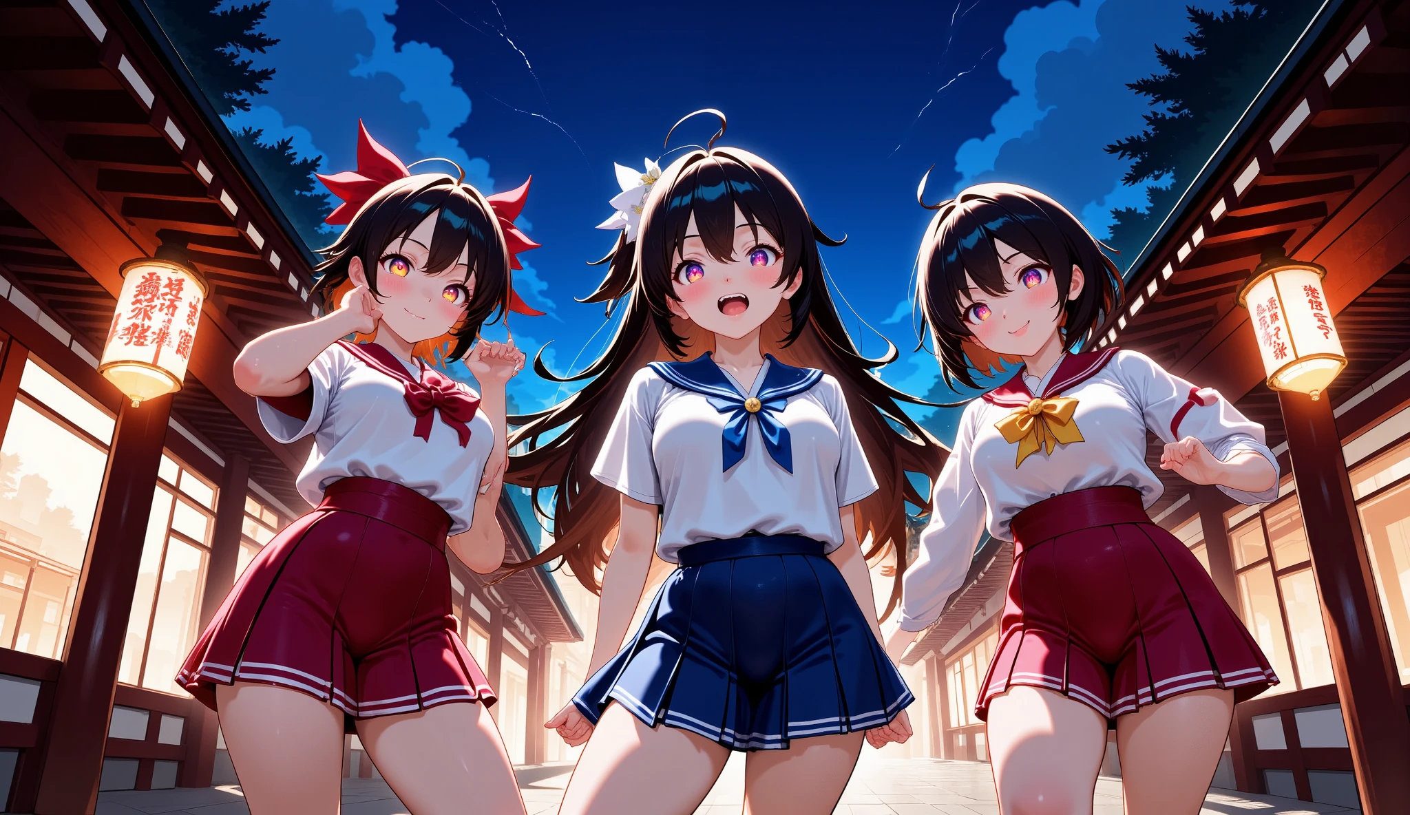 (Active    3 + girls),  vulgar  pose, , (3 + girls), smile, (Demonic school girl),, night sky. Scenery of a summer festival amongst Japanese-style architecture like that of Kyoto, the morning sun rising in the dark sky, and a cluster of perfect Japanese architecture. 、
