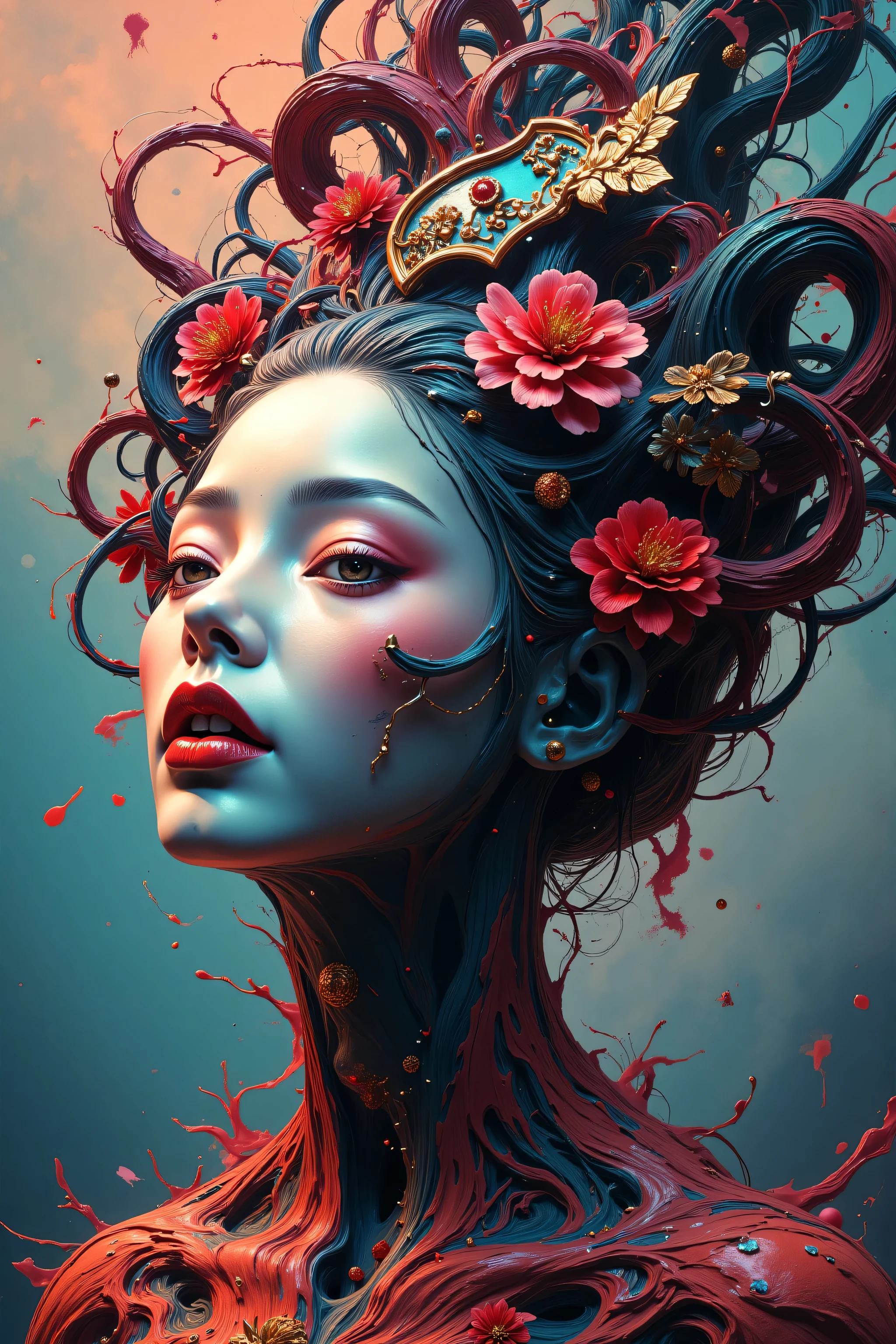 Expressionist artwork image of a single floating ceramic head, face, korean woman, colorful, color splash, neon colors, make it weird and gallery worthy