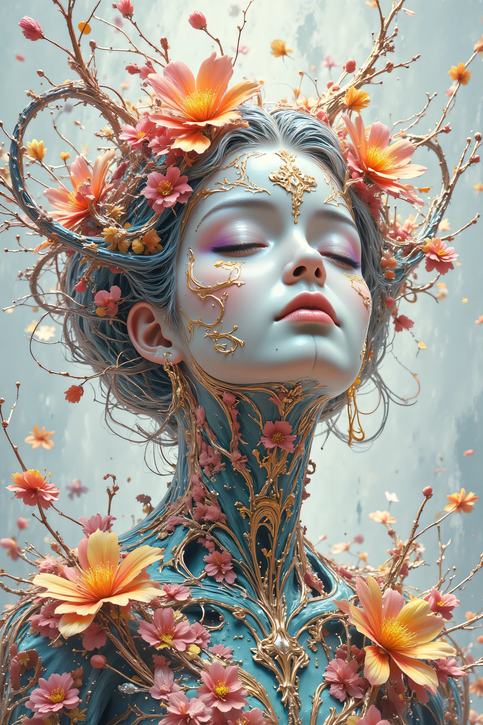 Expressionist artwork image of a single floating ceramic head, face, korean woman, colorful, color splash, neon colors, make it weird and gallery worthy