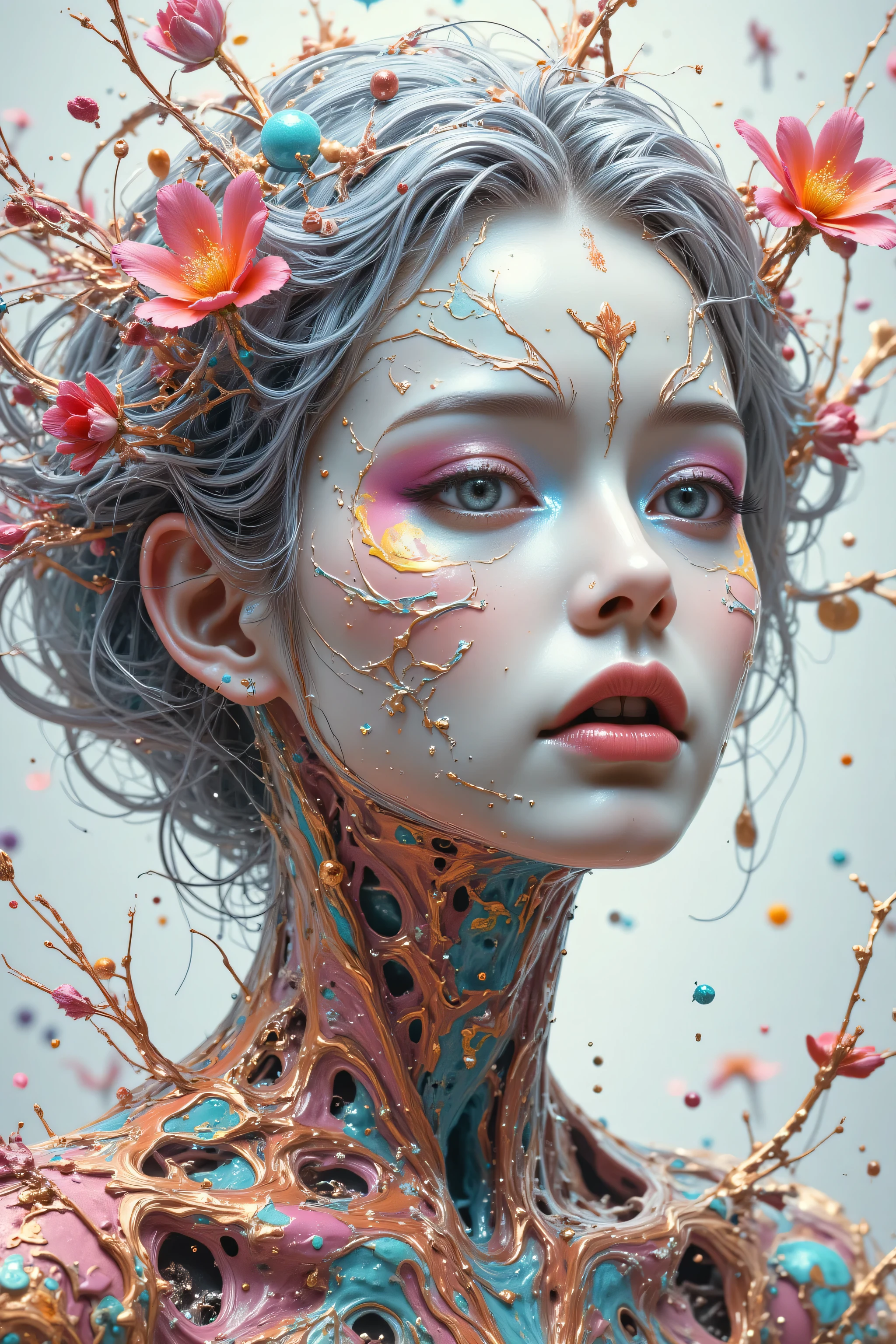 Expressionist artwork image of a single floating ceramic head, face, korean woman, colorful, color splash, neon colors, make it weird and gallery worthy